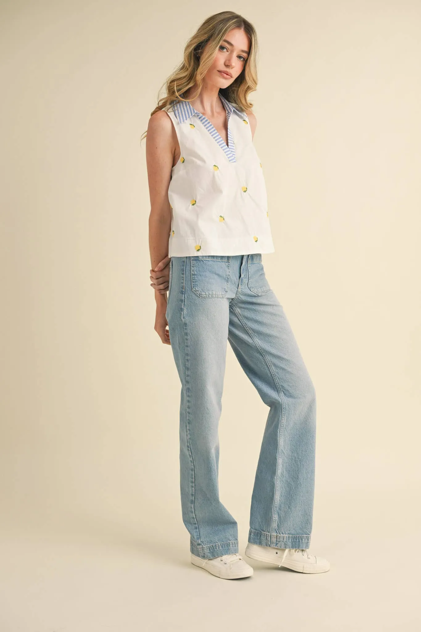 FRUIT EMBROIDERY COLLARED TANK
