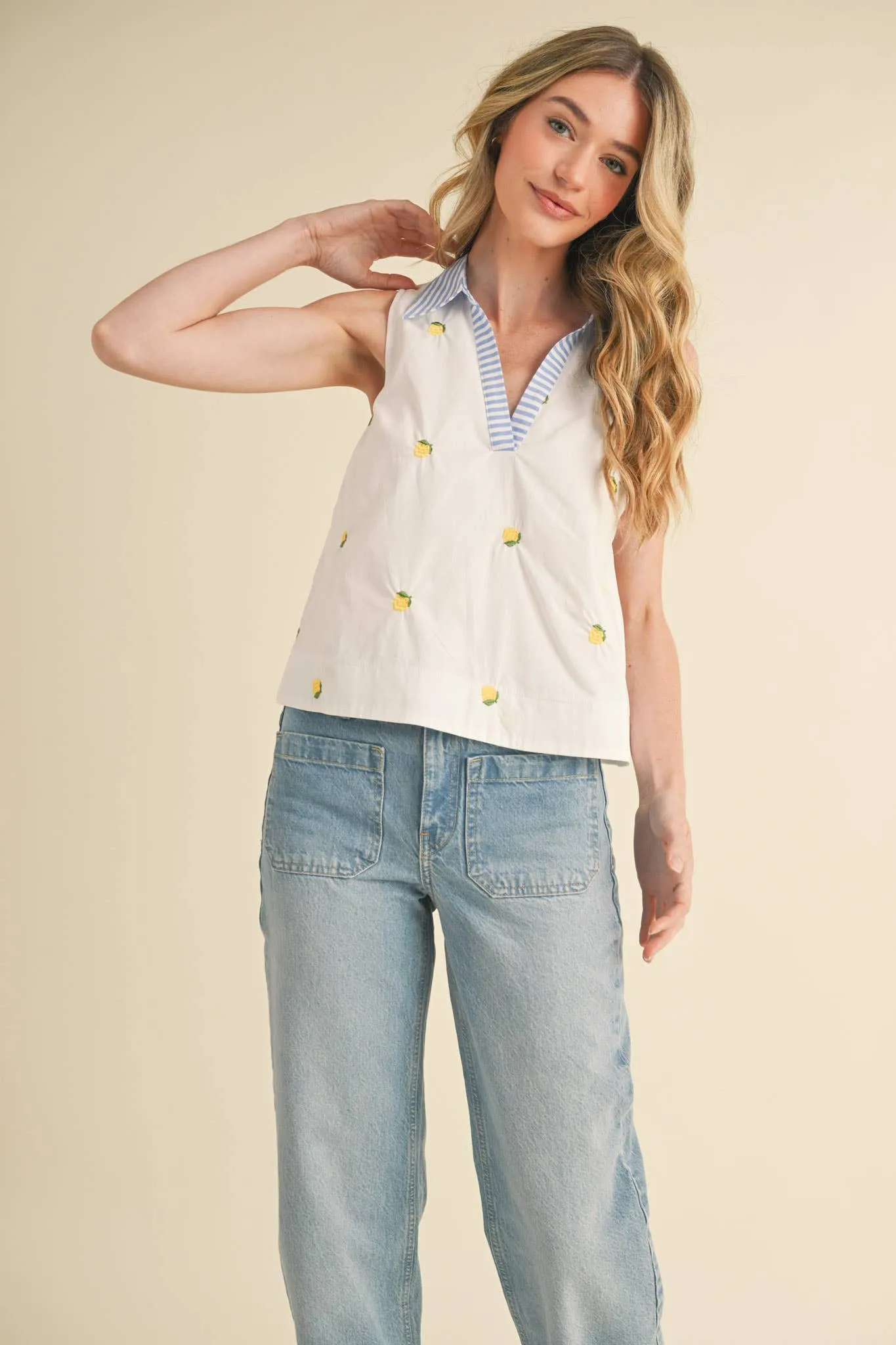 FRUIT EMBROIDERY COLLARED TANK