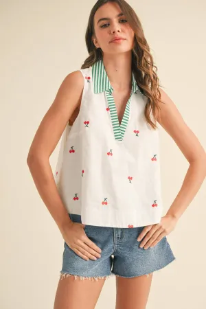 FRUIT EMBROIDERY COLLARED TANK