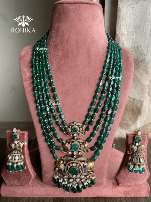 Gannu moisanite polki long necklace set -  Dark Green