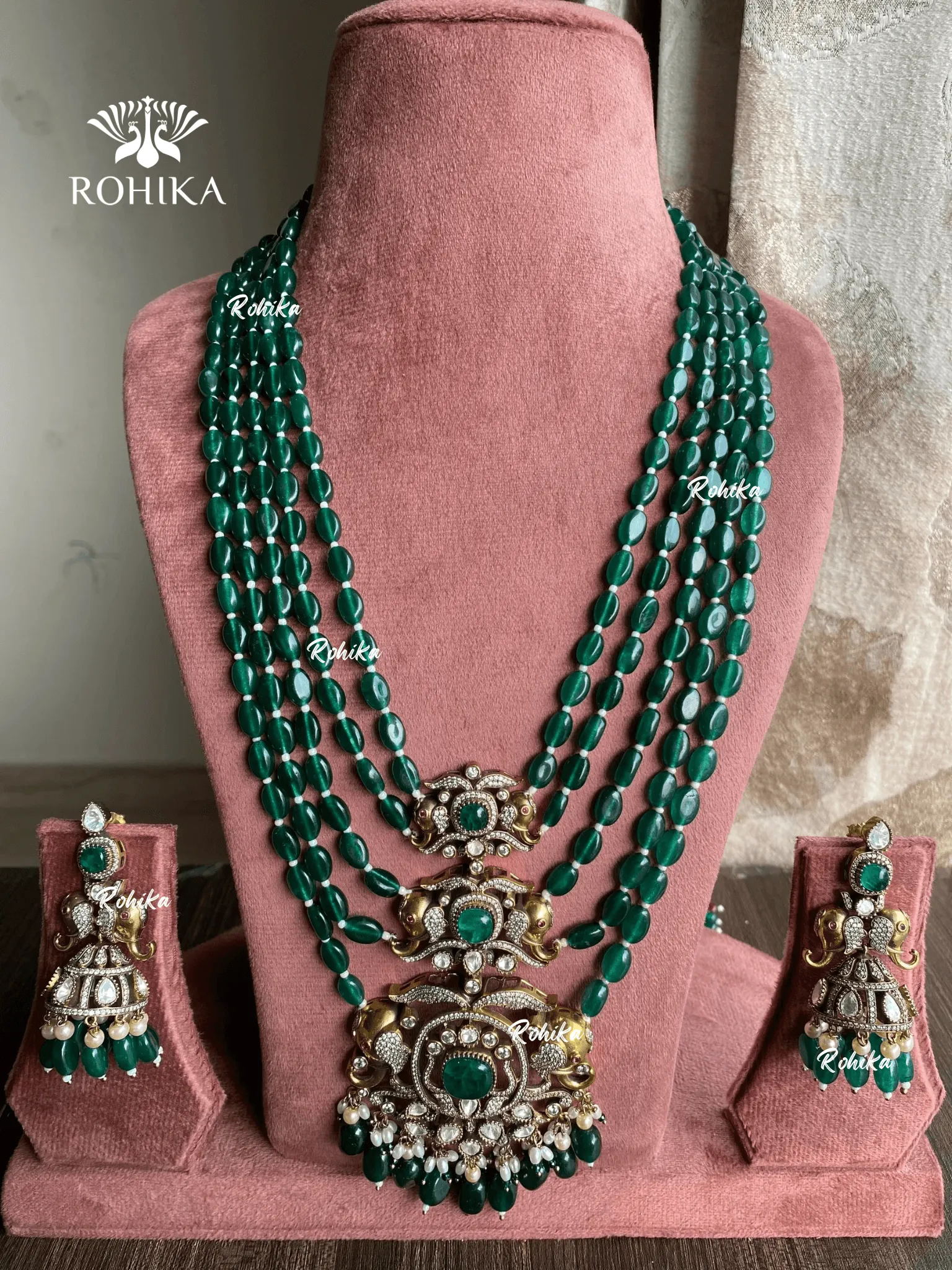 Gannu moisanite polki long necklace set -  Dark Green