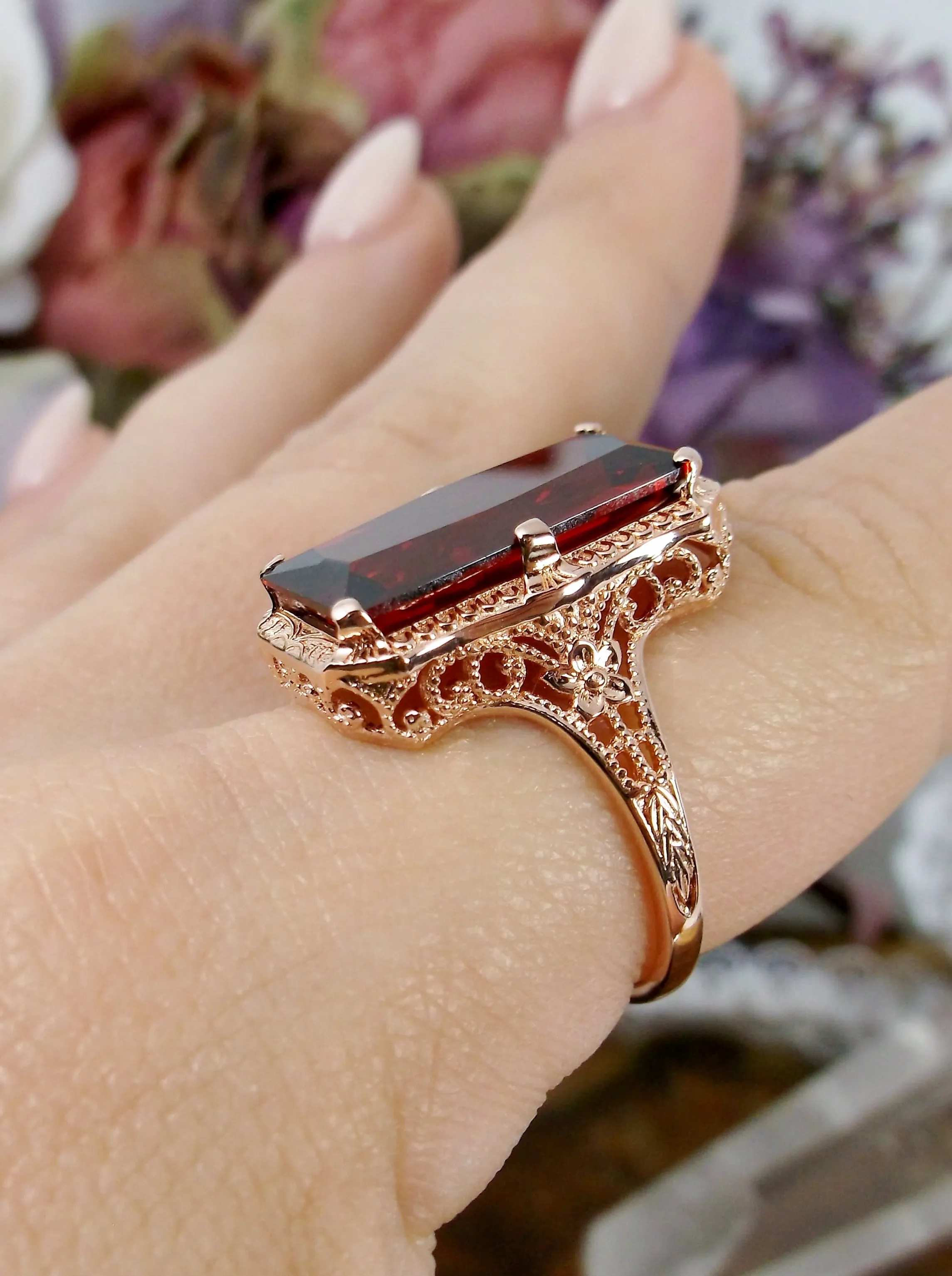 Garnet Ring, Rose Gold overlay, 1915 Vintage Style, Edwardian Jewelry #D232