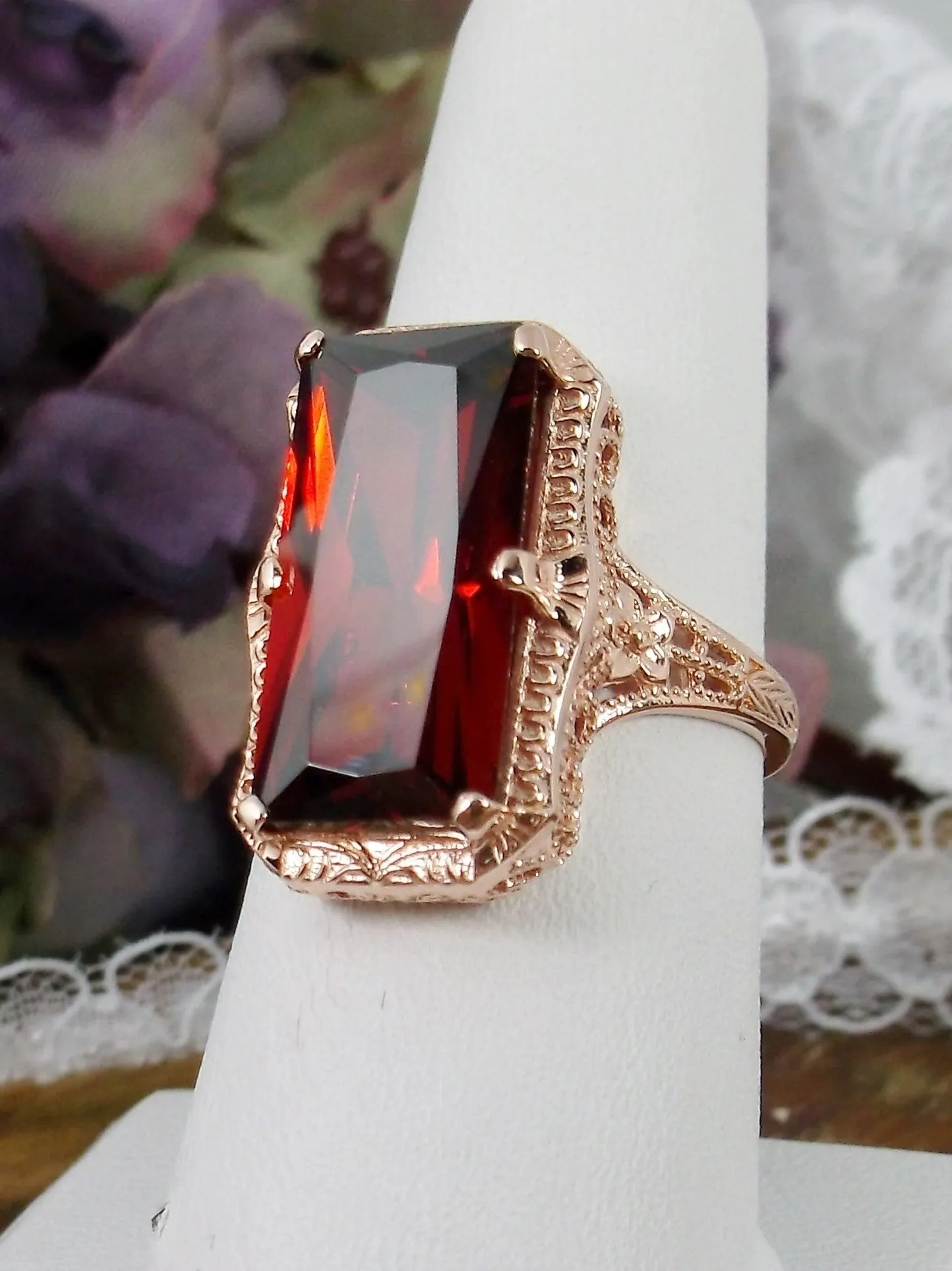 Garnet Ring, Rose Gold overlay, 1915 Vintage Style, Edwardian Jewelry #D232