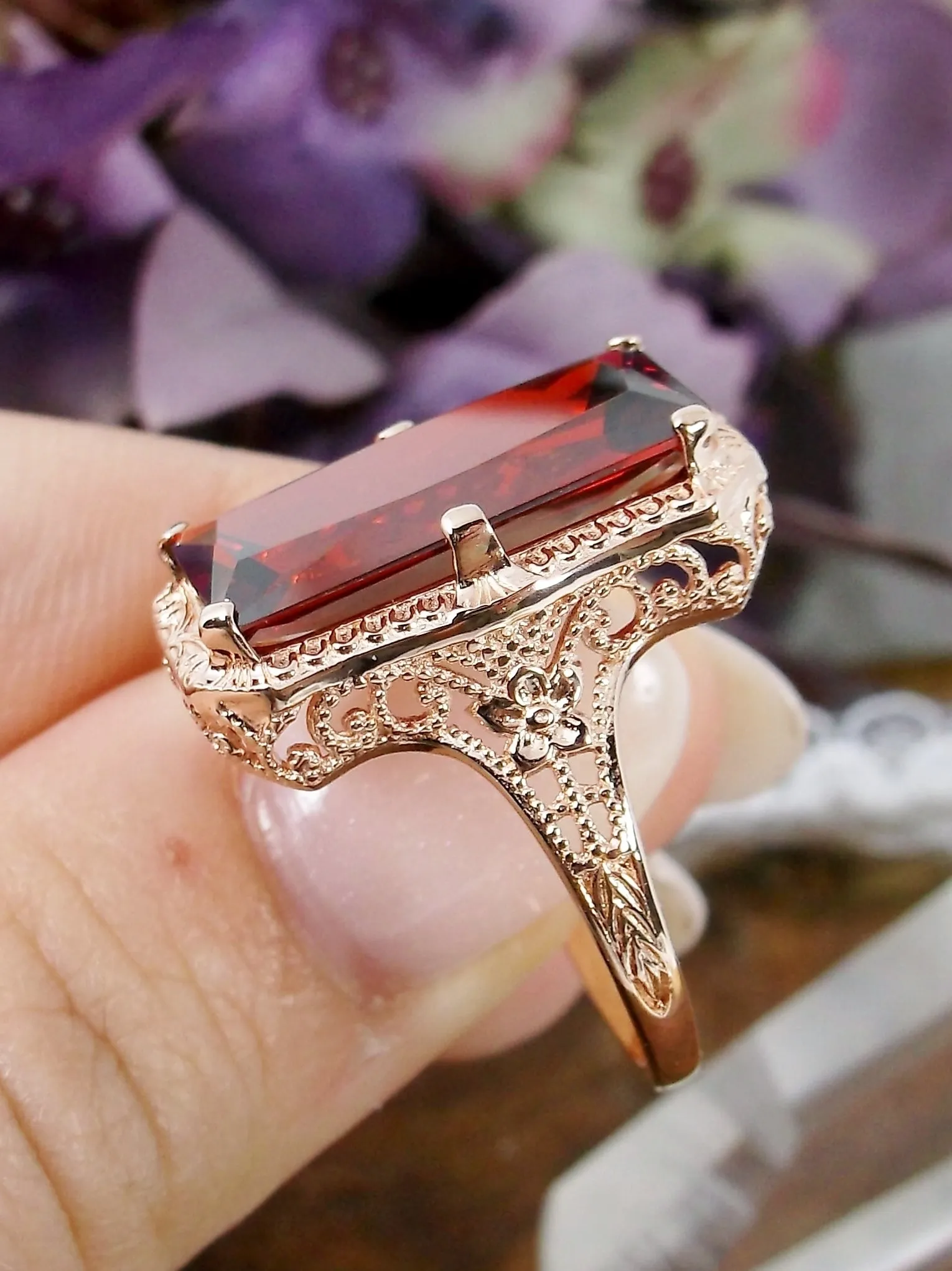 Garnet Ring, Rose Gold overlay, 1915 Vintage Style, Edwardian Jewelry #D232