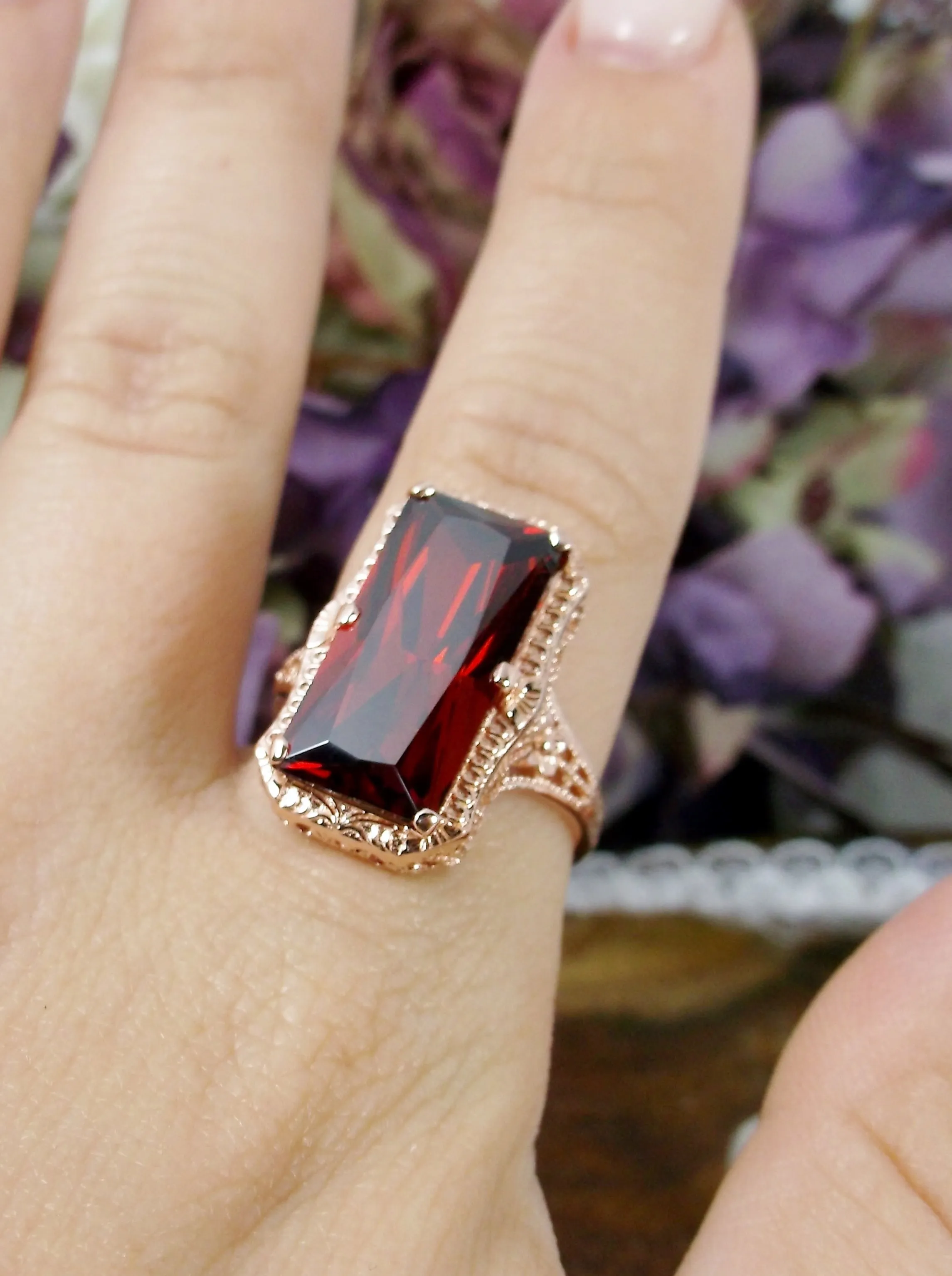 Garnet Ring, Rose Gold overlay, 1915 Vintage Style, Edwardian Jewelry #D232