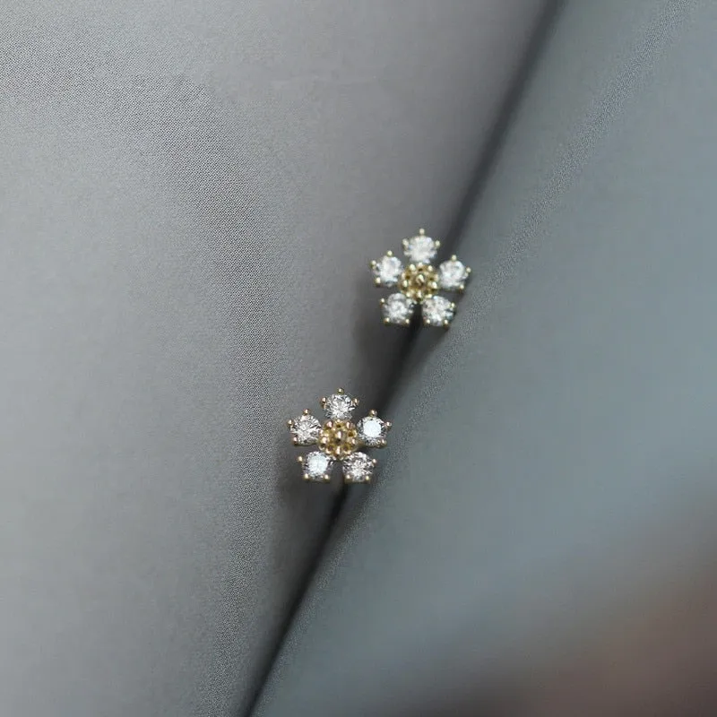 Gold Plated Diamond Small Flower Stud Earrings