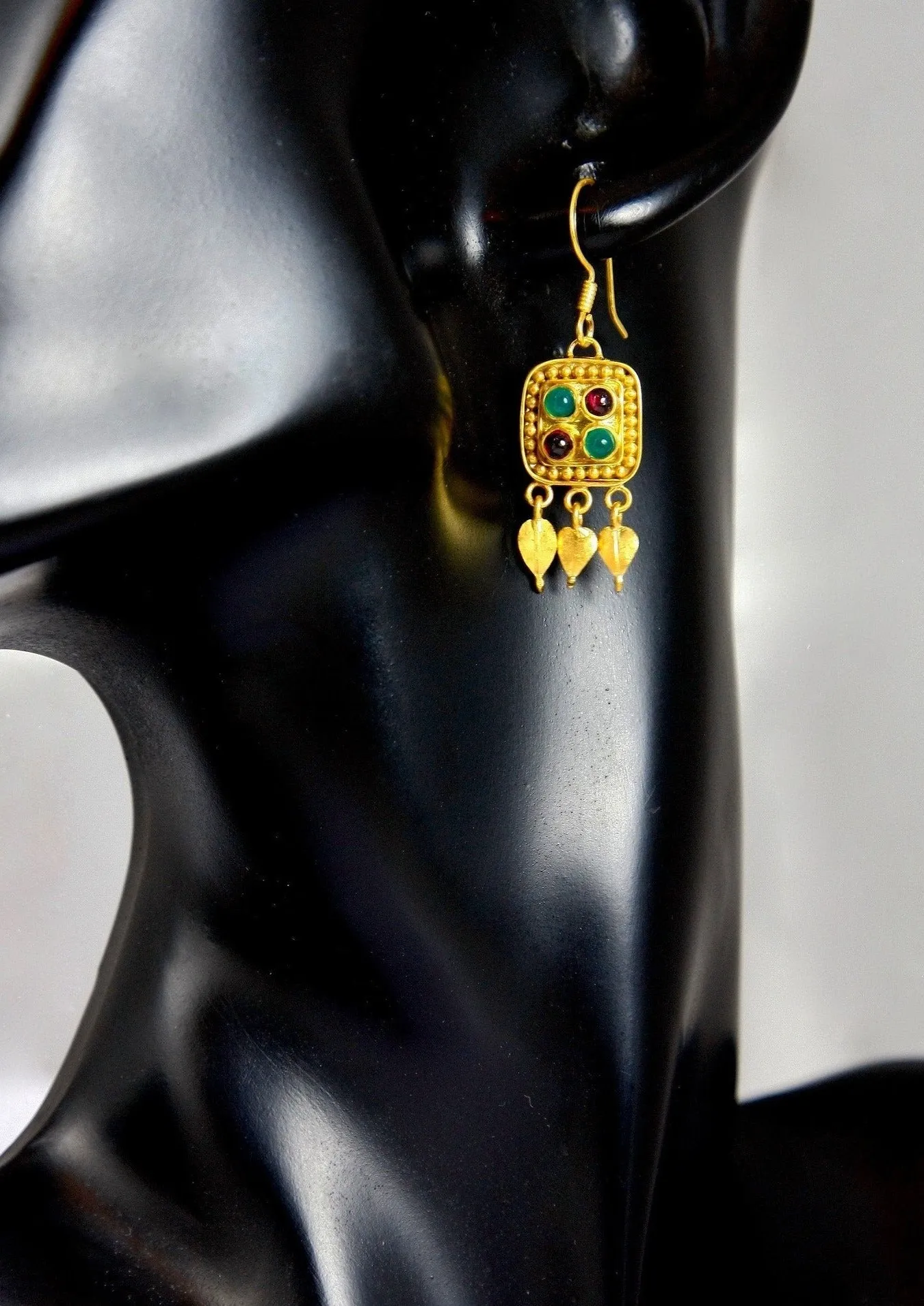 Graceful and chic, Hellenic, square dangle earrings with chrysoprase and garnet