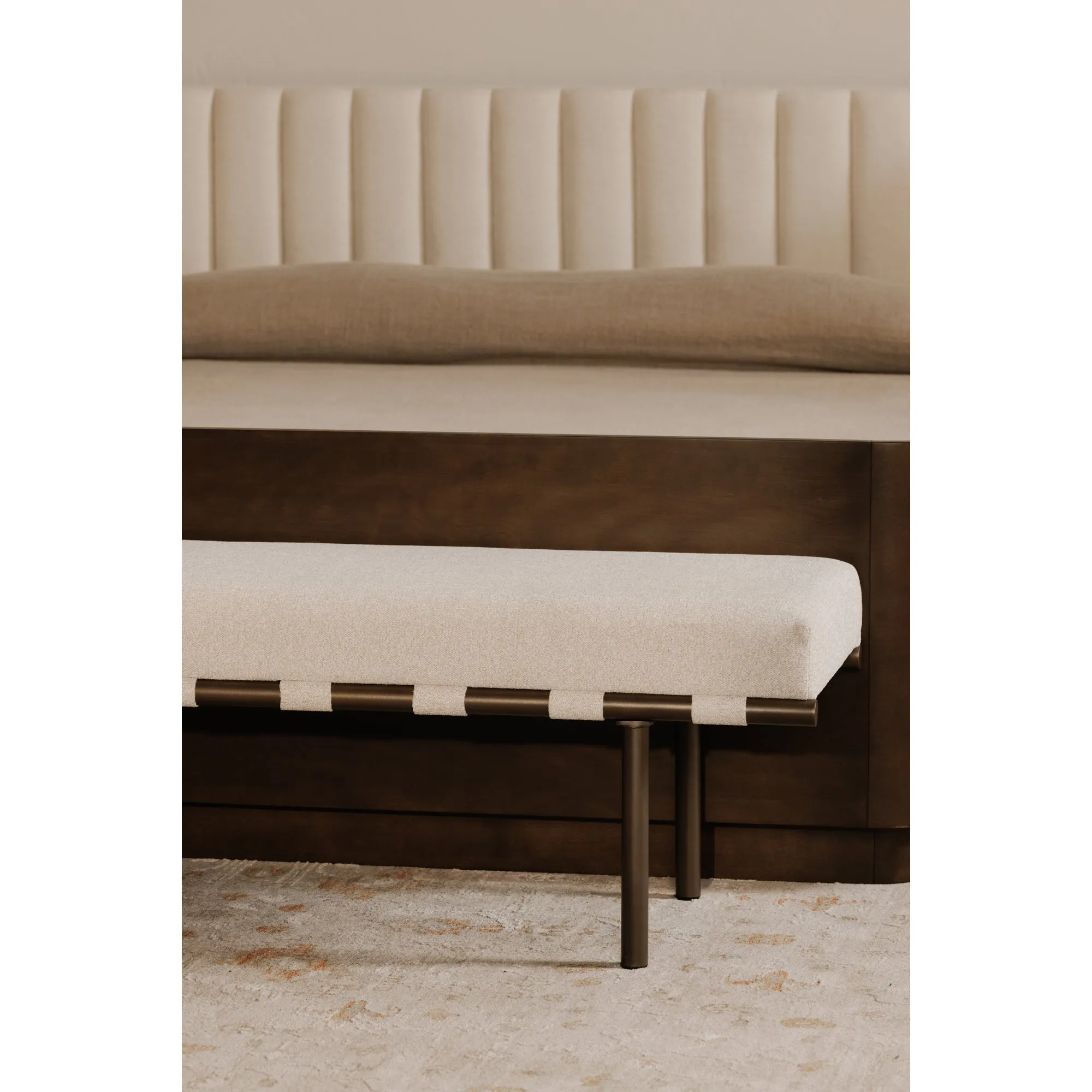 Graceful Blackened Bronze Dining Bench with Performance Fabric Seating