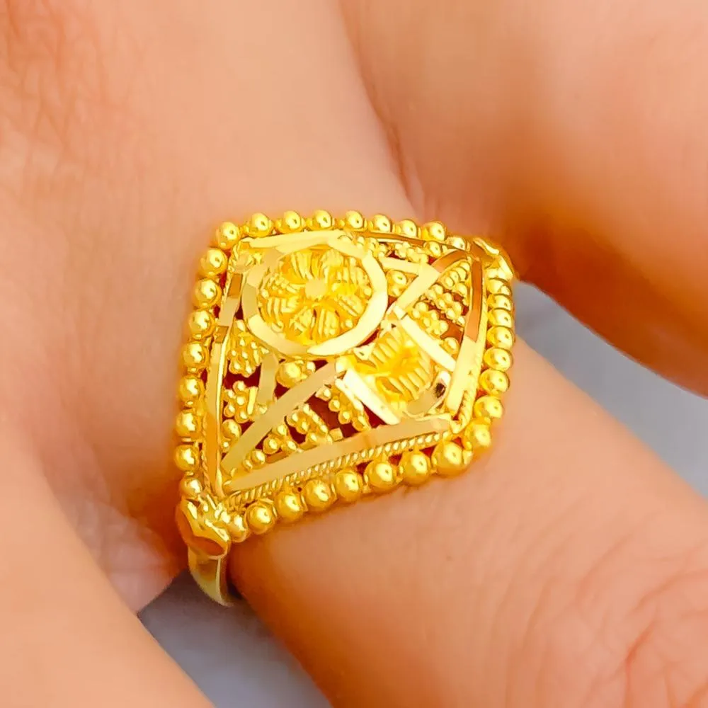 Graceful Distinct Beaded Floral 22K Gold Ring