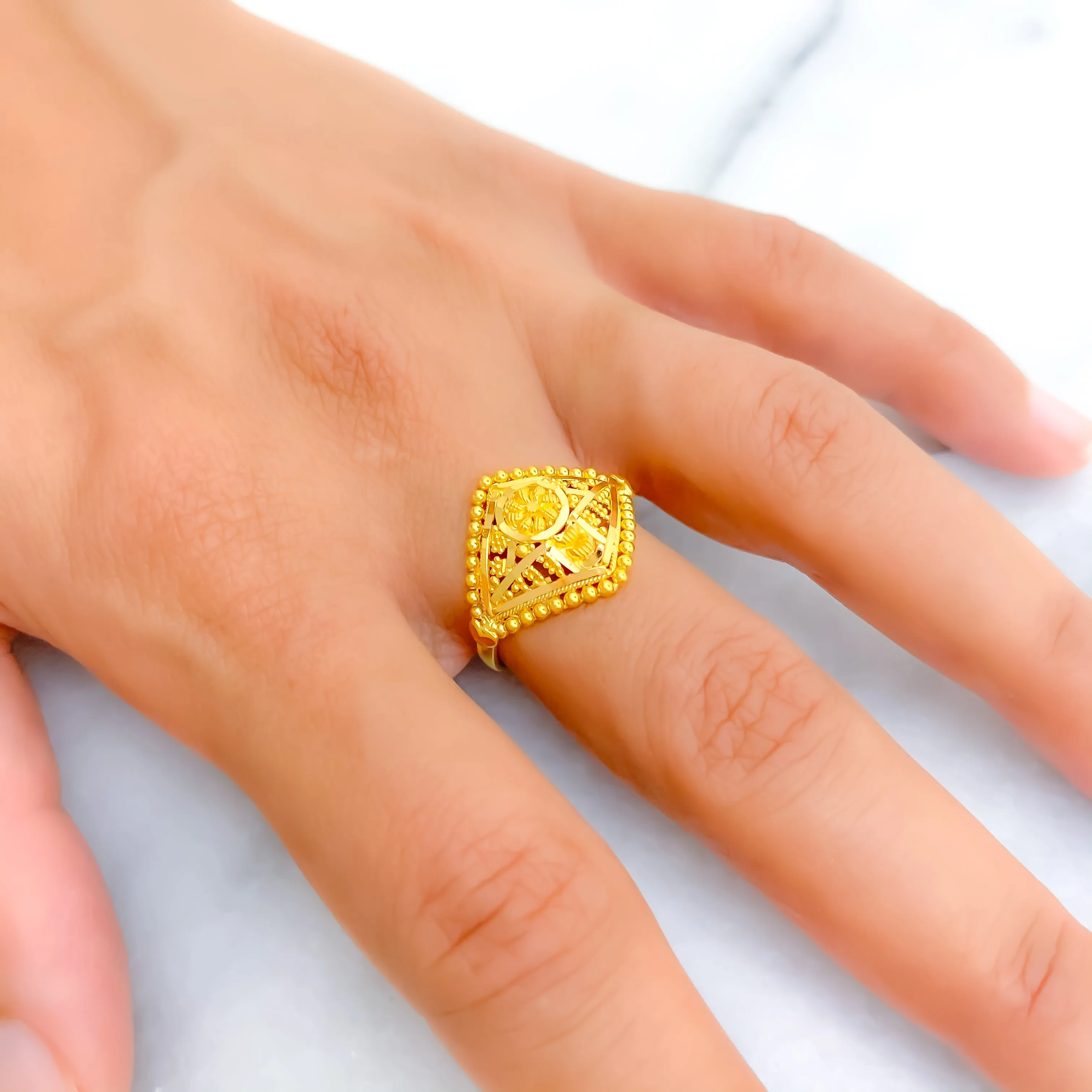 Graceful Distinct Beaded Floral 22K Gold Ring