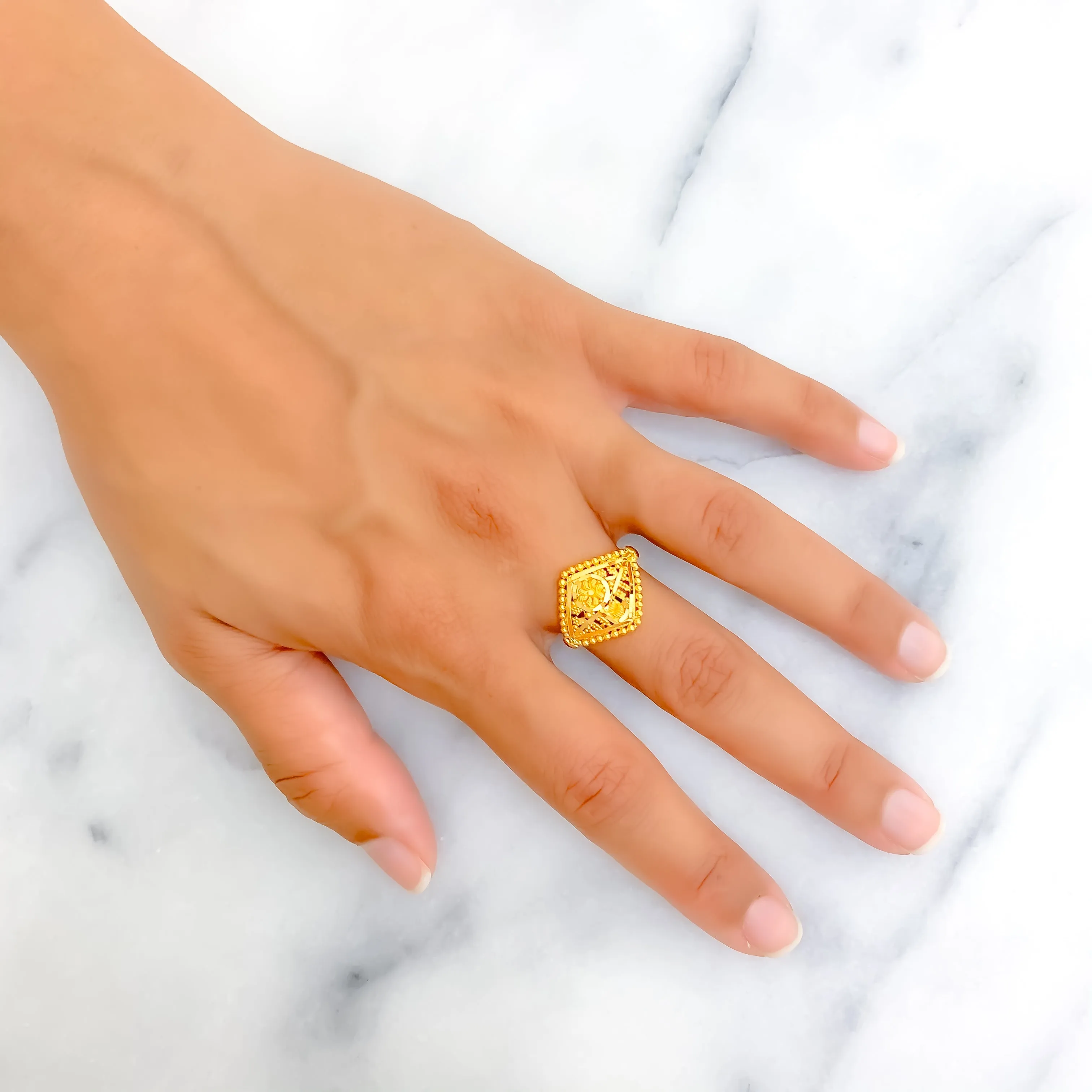 Graceful Distinct Beaded Floral 22K Gold Ring