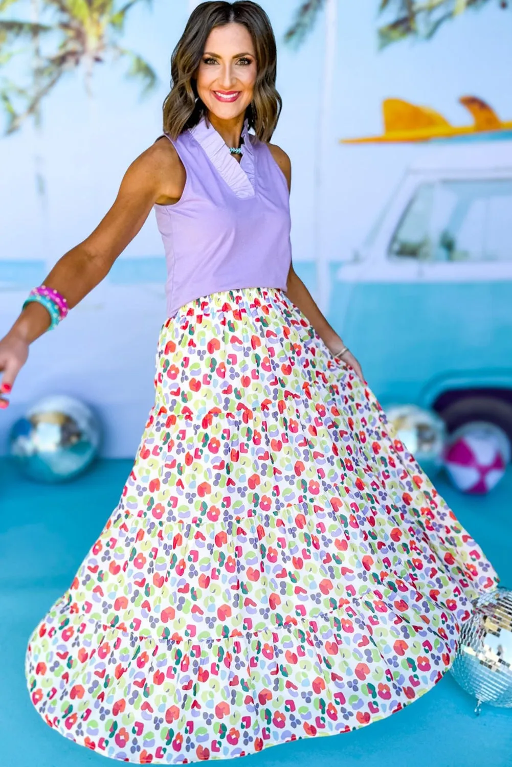Green Bohemian Print Tiered Flare Maxi Skirt