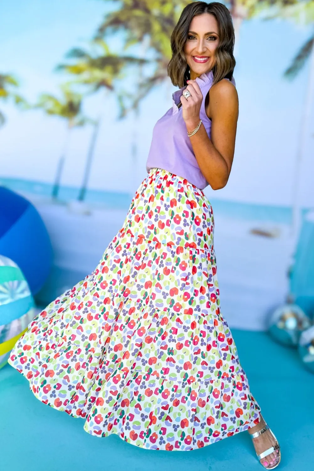 Green Bohemian Print Tiered Flare Maxi Skirt