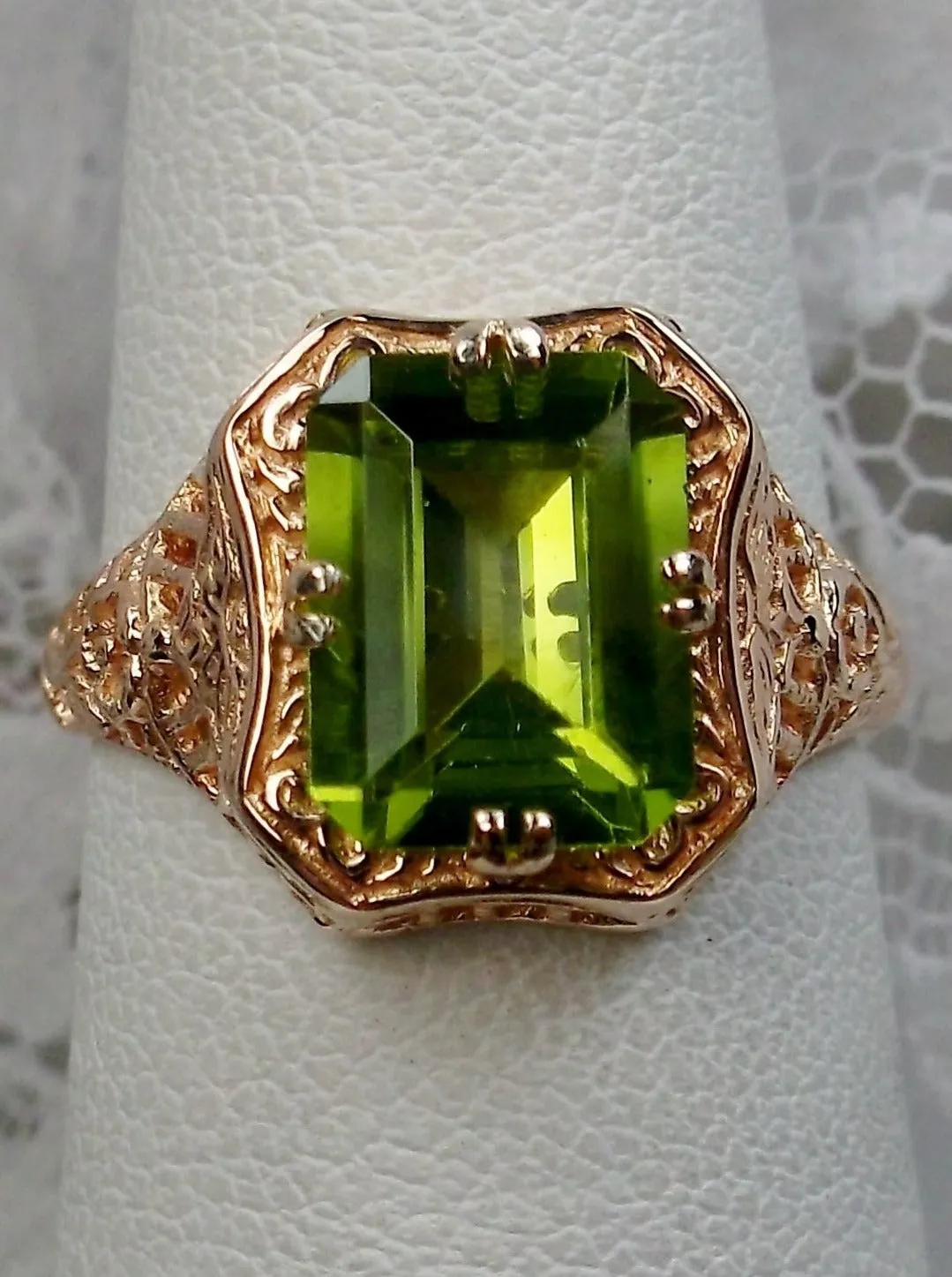 Green Peridot Ring, 14K or 10K Gold, Lovely Rectangle Edwardian Jewelry #D148