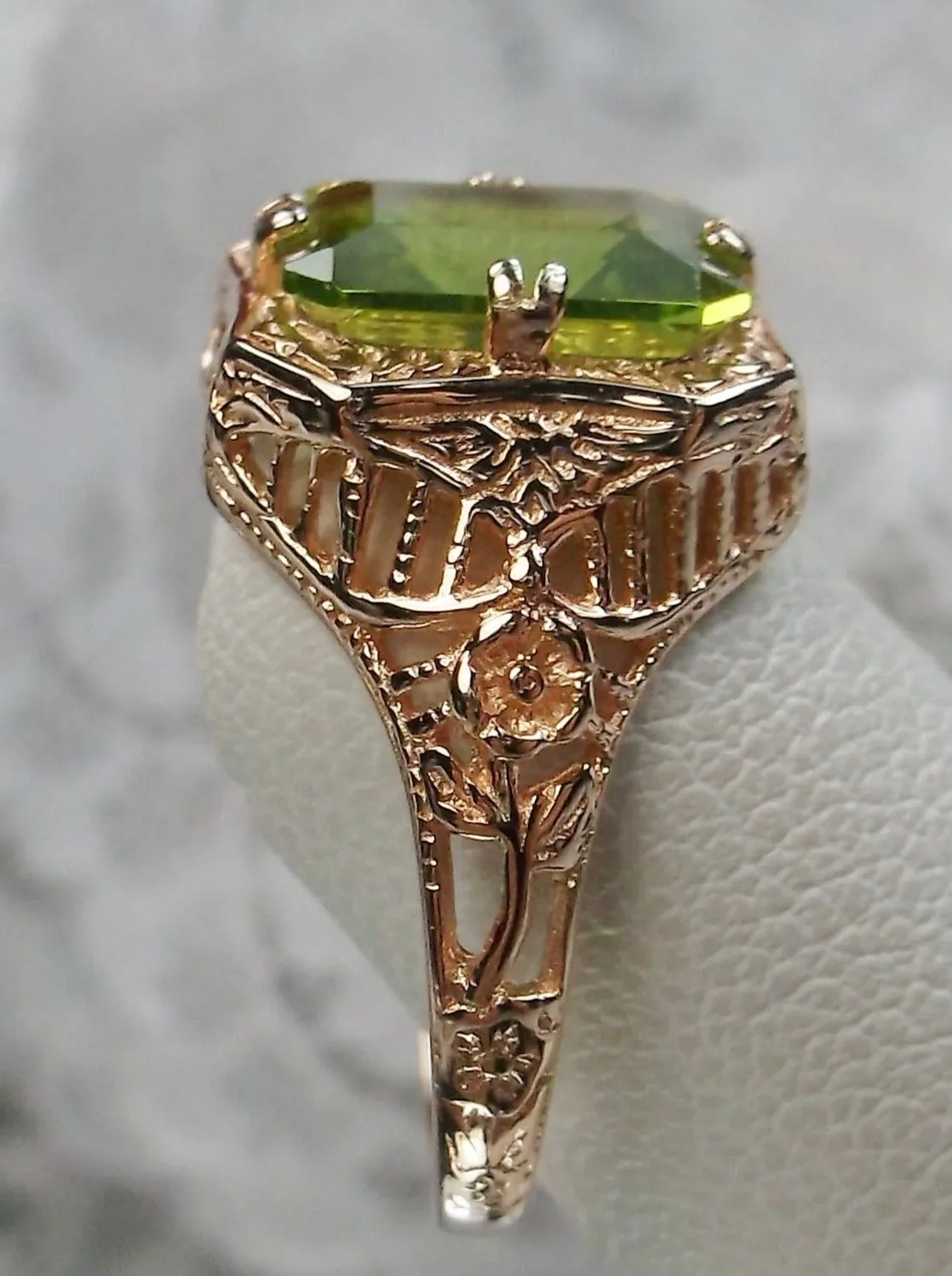 Green Peridot Ring, 14K or 10K Gold, Lovely Rectangle Edwardian Jewelry #D148
