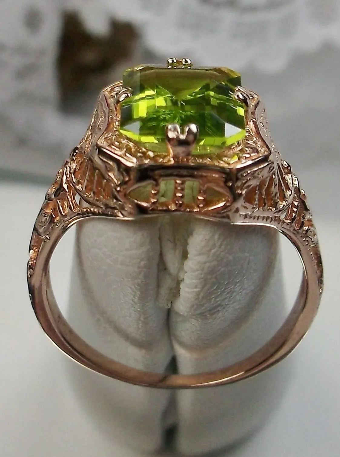 Green Peridot Ring, 14K or 10K Gold, Lovely Rectangle Edwardian Jewelry #D148