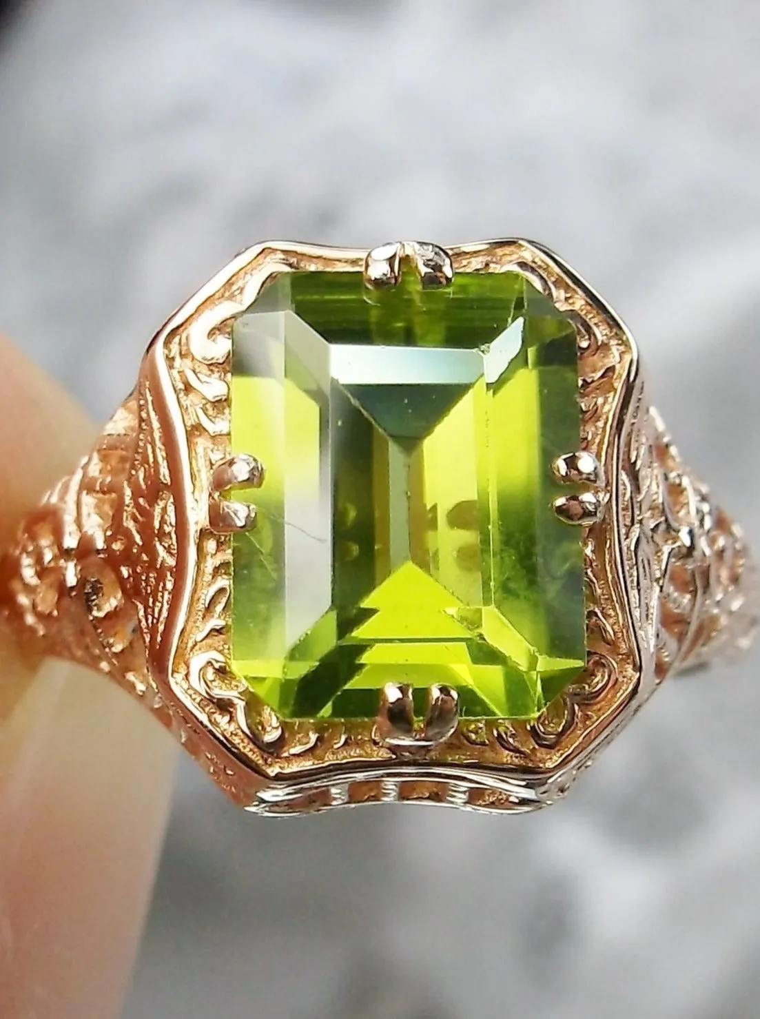 Green Peridot Ring, 14K or 10K Gold, Lovely Rectangle Edwardian Jewelry #D148