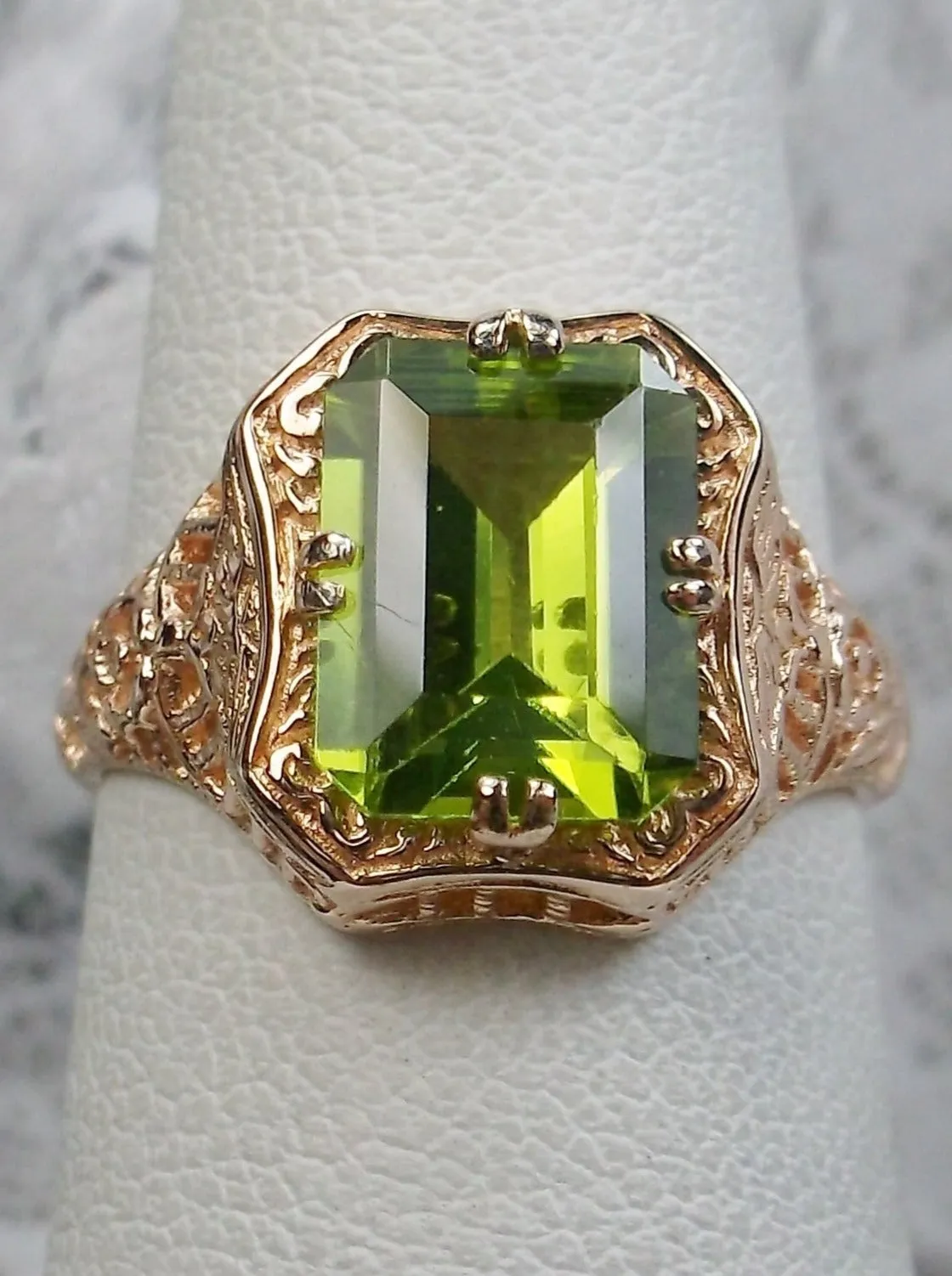 Green Peridot Ring, 14K or 10K Gold, Lovely Rectangle Edwardian Jewelry #D148