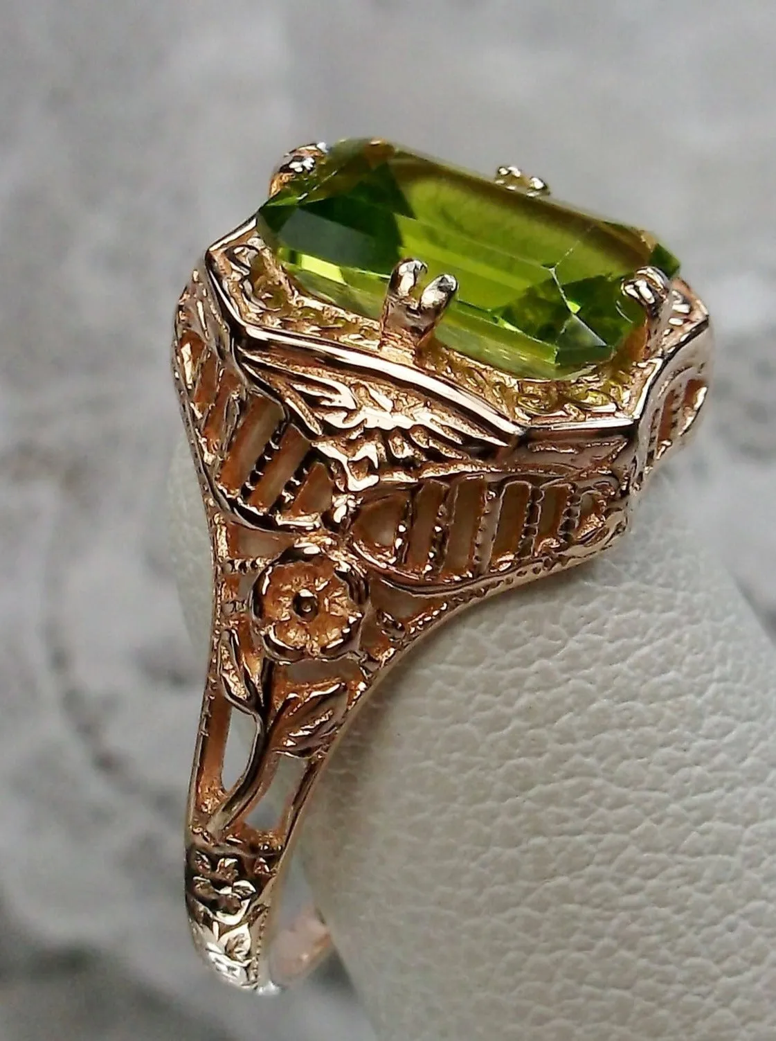 Green Peridot Ring, 14K or 10K Gold, Lovely Rectangle Edwardian Jewelry #D148