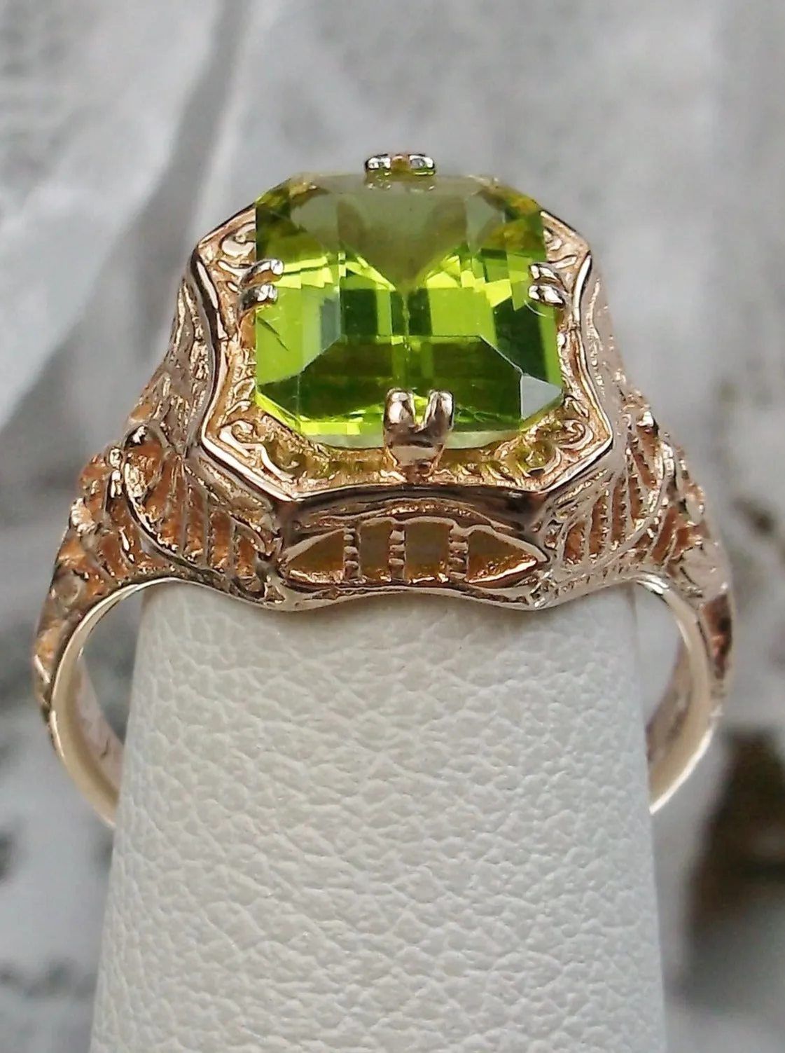 Green Peridot Ring, 14K or 10K Gold, Lovely Rectangle Edwardian Jewelry #D148
