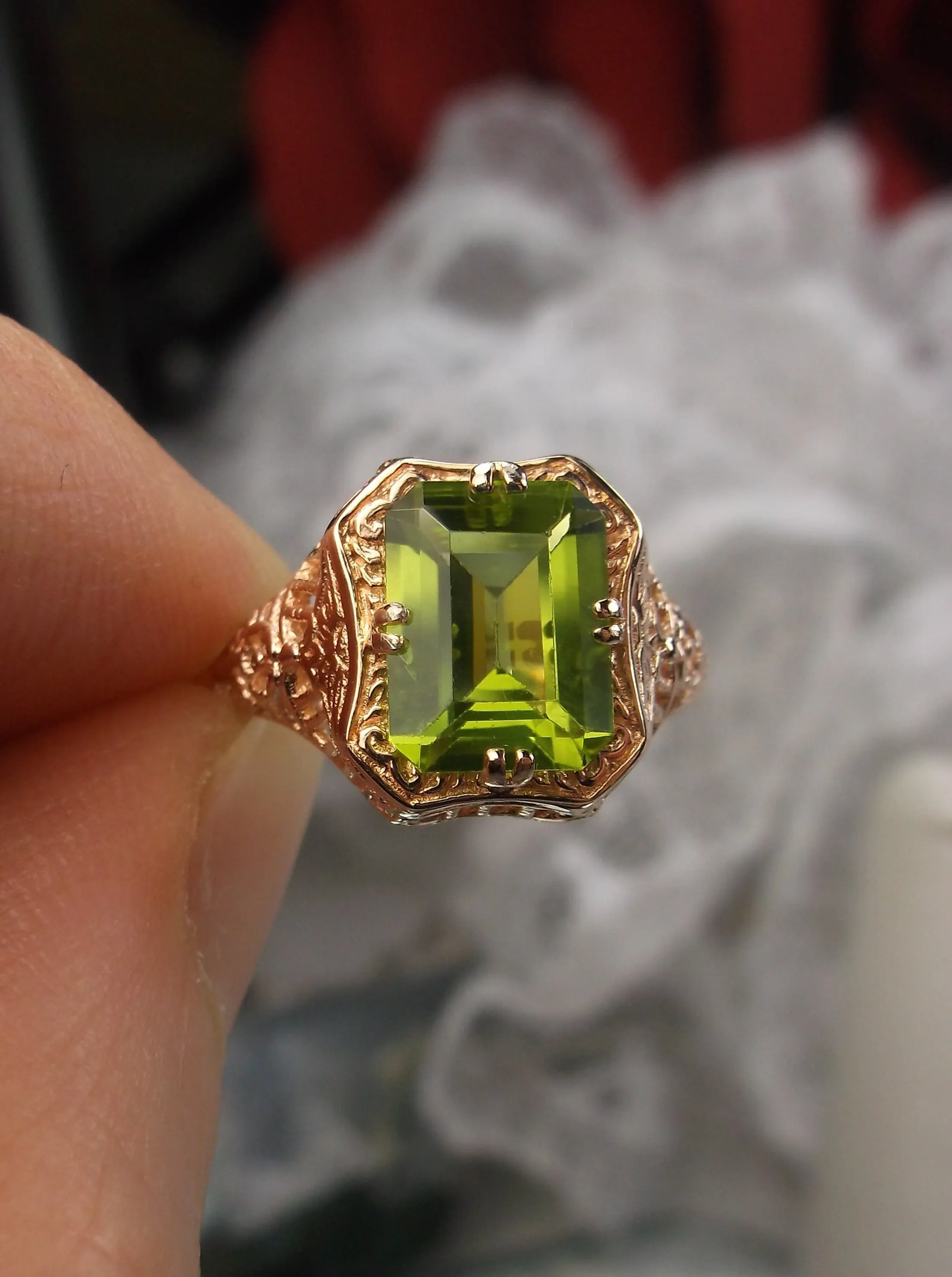 Green Peridot Ring, 14K or 10K Gold, Lovely Rectangle Edwardian Jewelry #D148