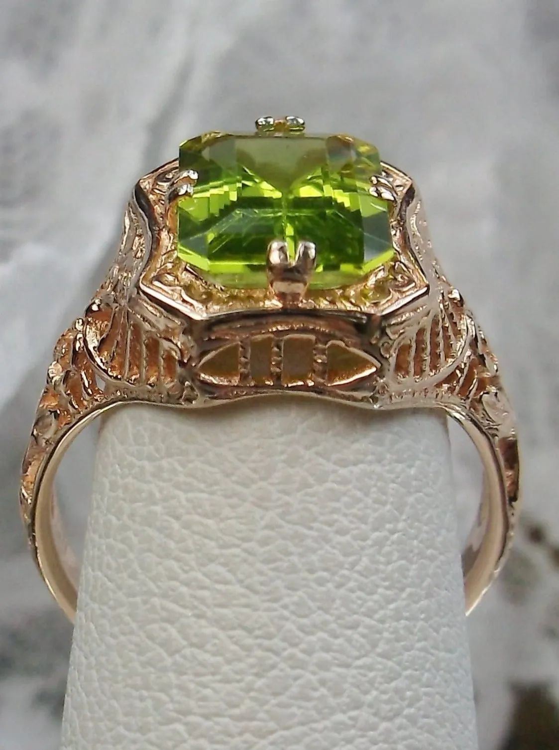 Green Peridot Ring, 14K or 10K Gold, Lovely Rectangle Edwardian Jewelry #D148
