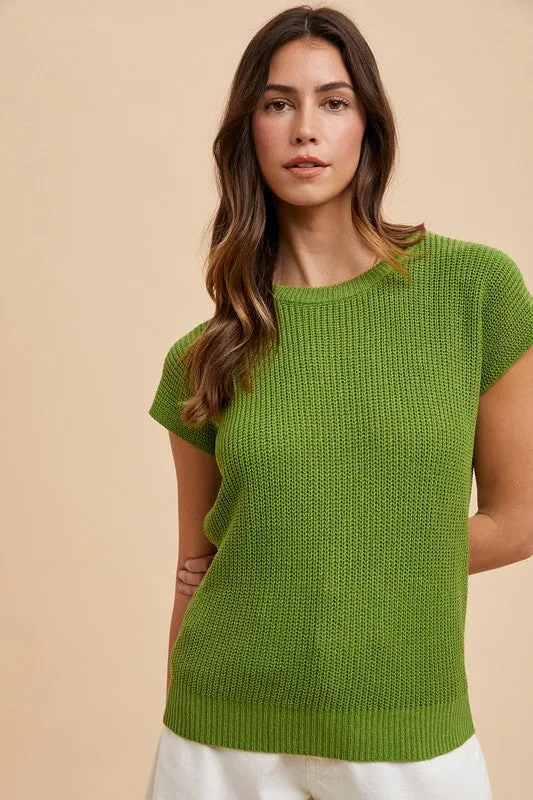 Green Round Neck Short Sleeve Sweater