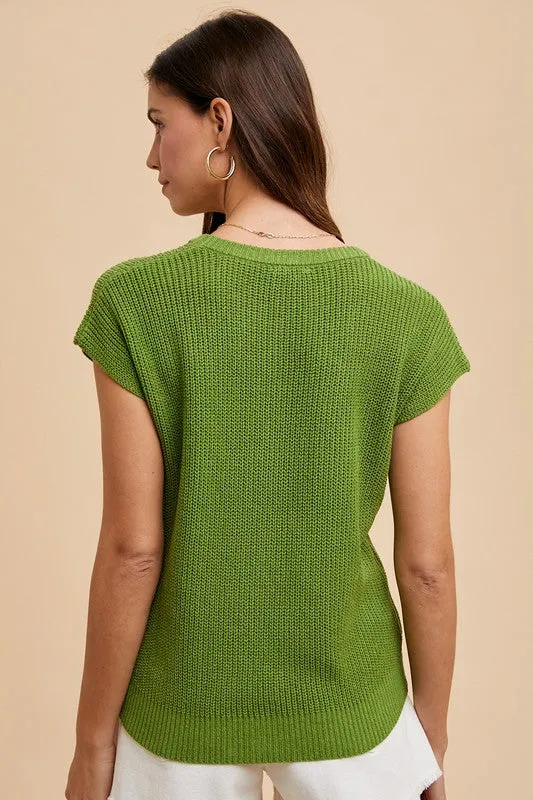 Green Round Neck Short Sleeve Sweater