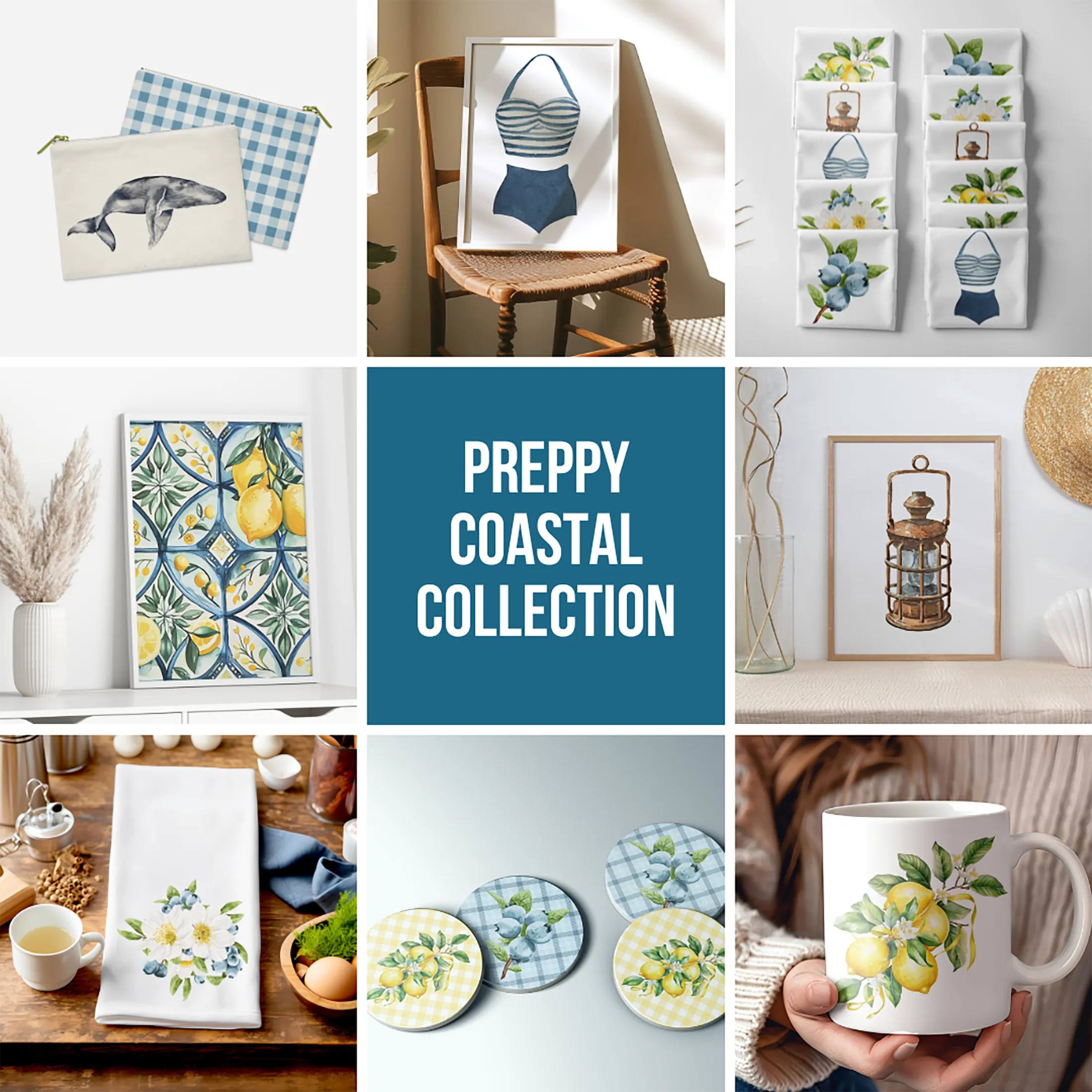 Grey Whale and blue plaid preppy coastal accessory pouch  | Preppy Coastal Collection