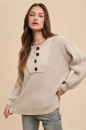 Half Button Ribbed Hem Sweater in Oatmeal