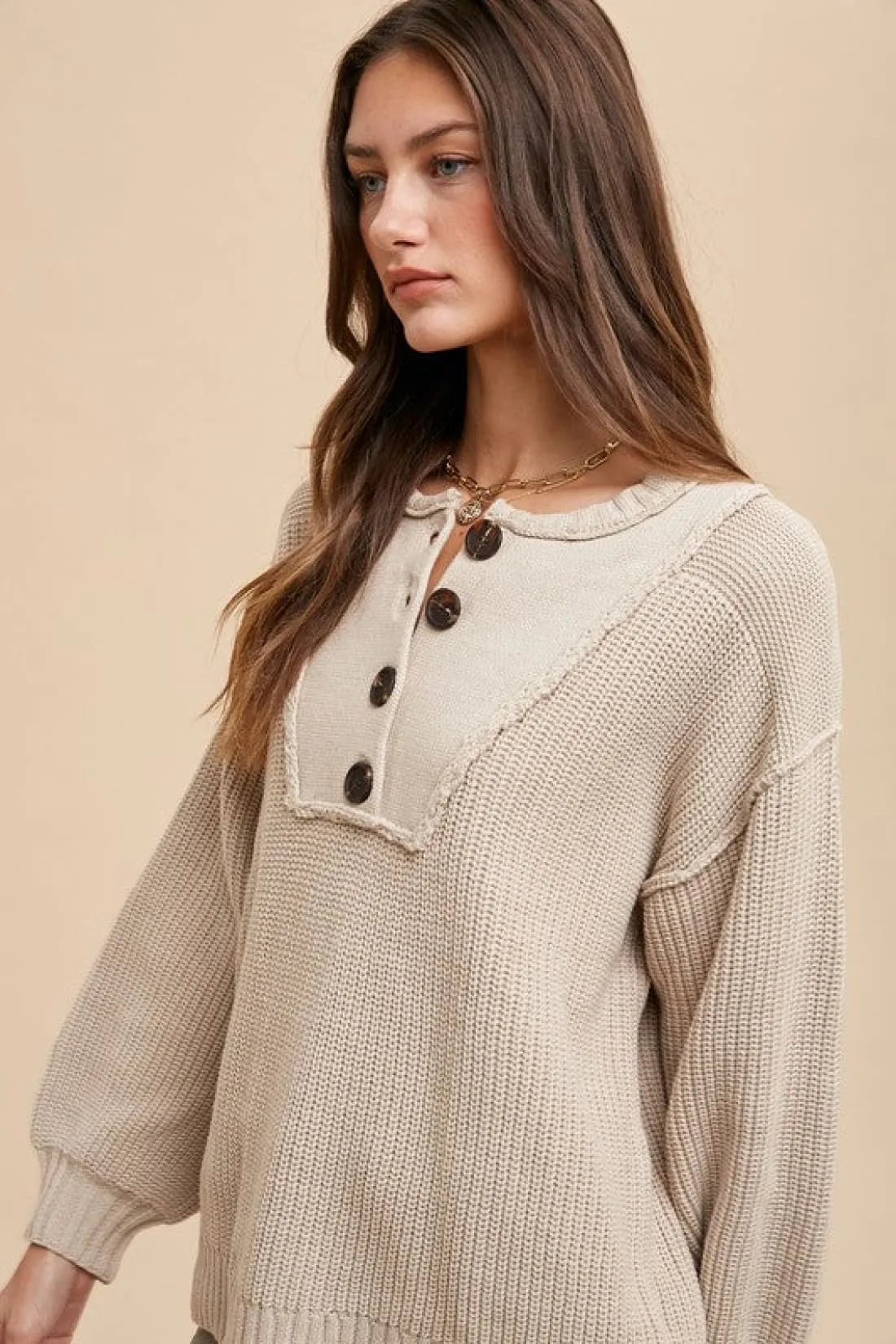 Half Button Ribbed Hem Sweater in Oatmeal