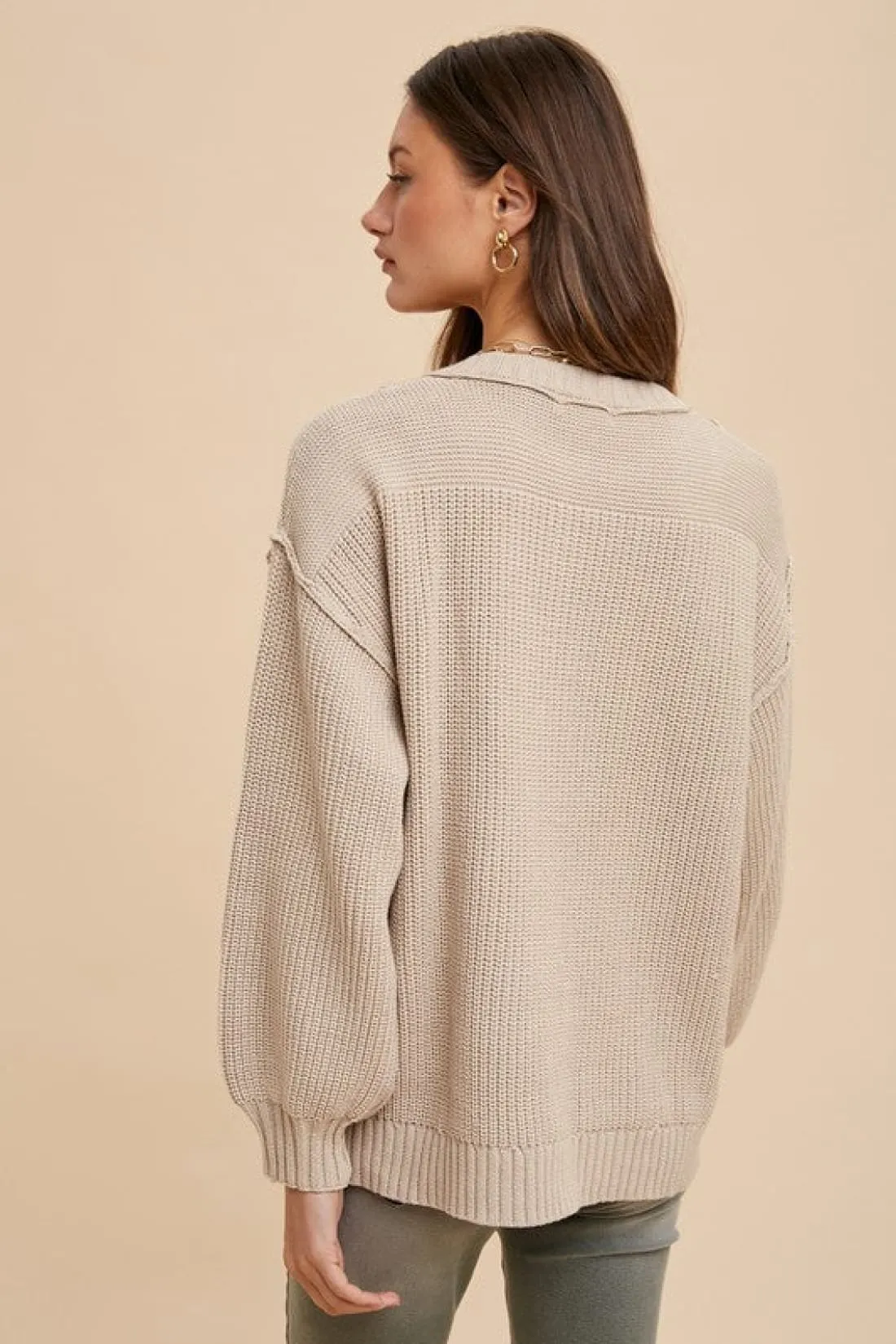 Half Button Ribbed Hem Sweater in Oatmeal