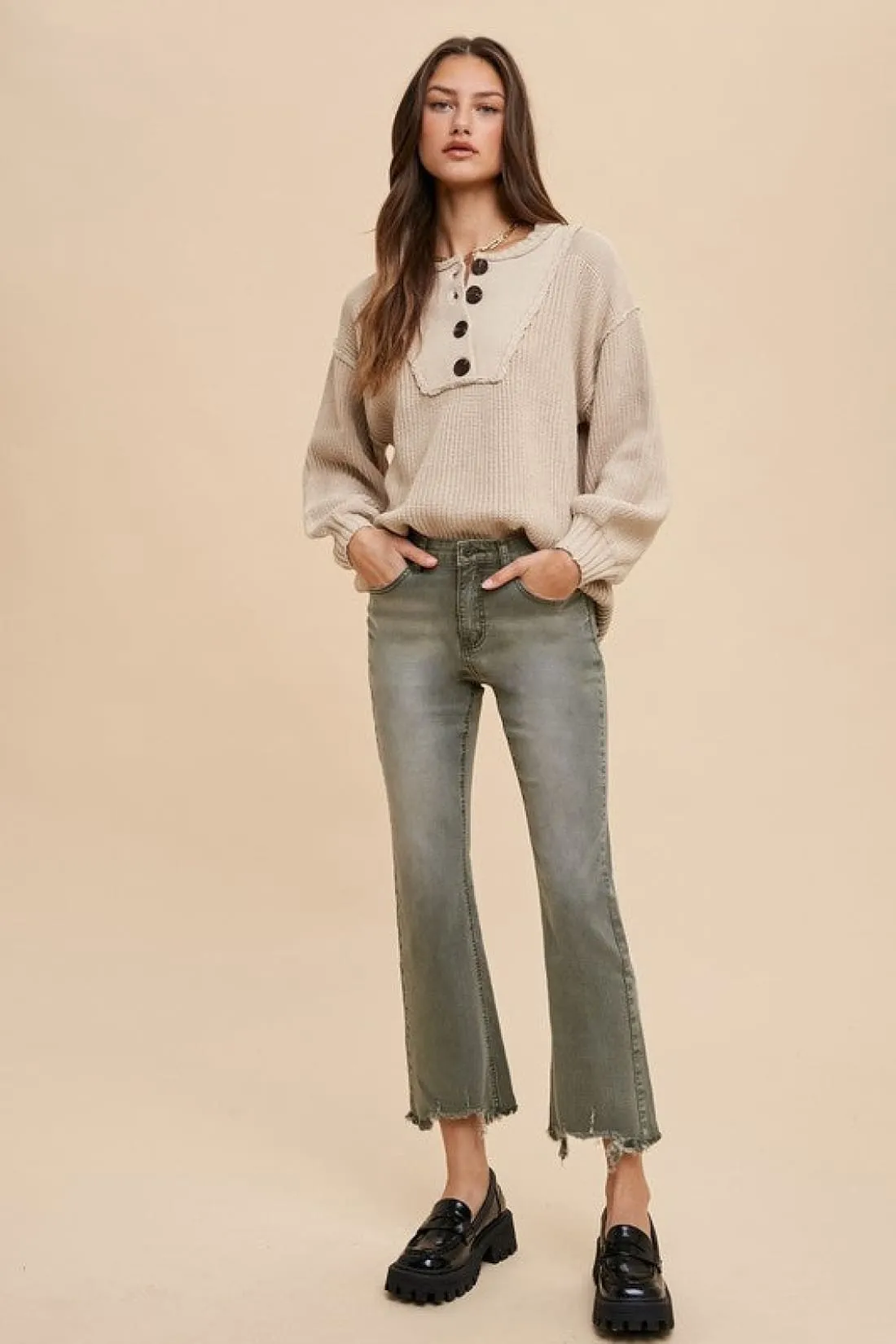 Half Button Ribbed Hem Sweater in Oatmeal