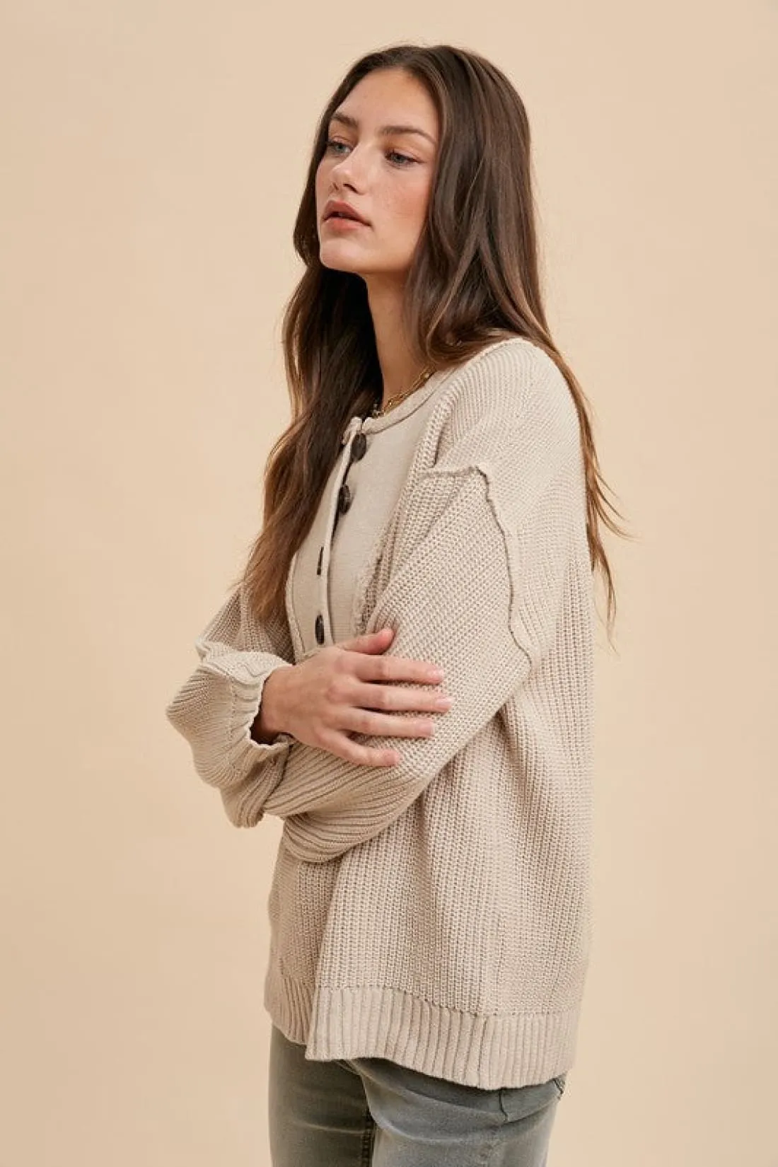 Half Button Ribbed Hem Sweater in Oatmeal