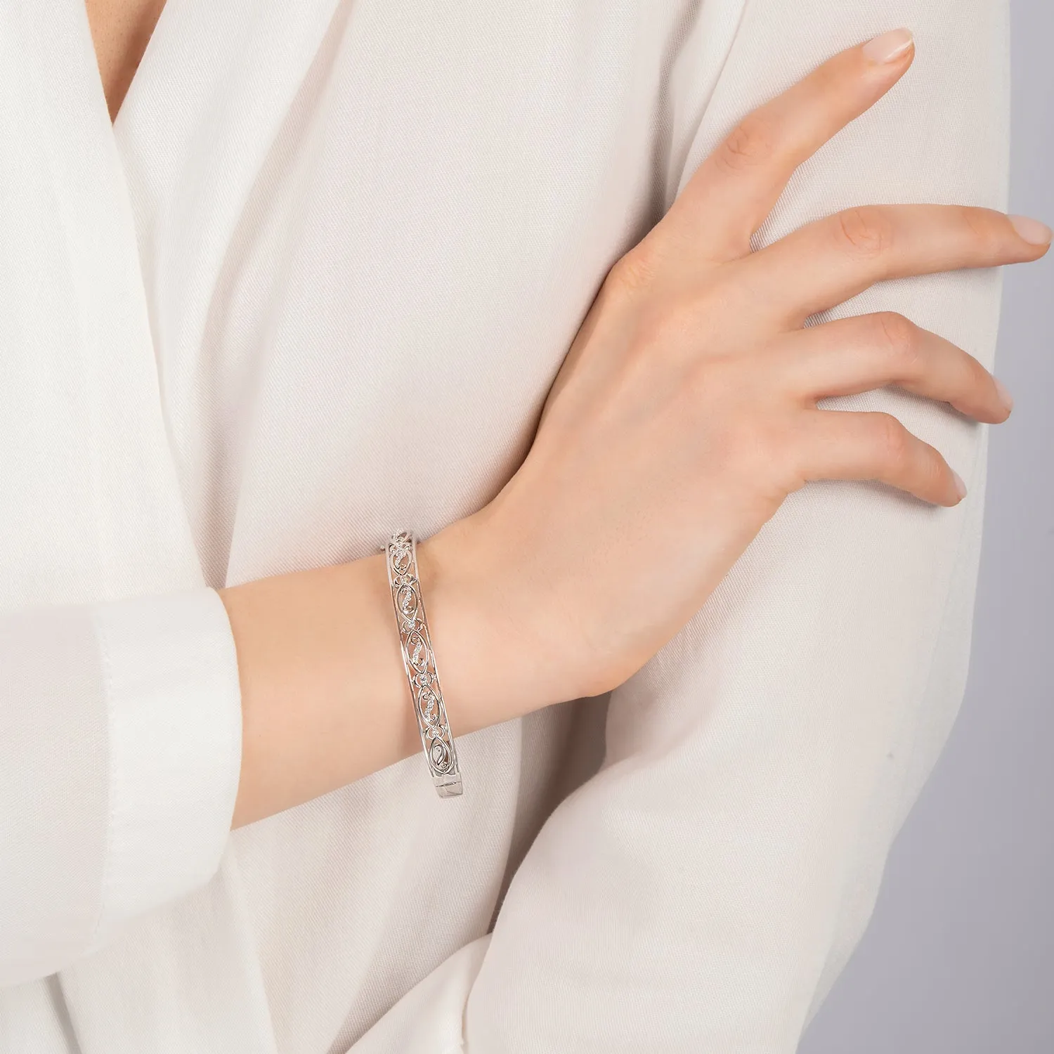 Hallmark Fine Jewelry Teardrop Lace Bangle in Sterling Silver with Diamonds