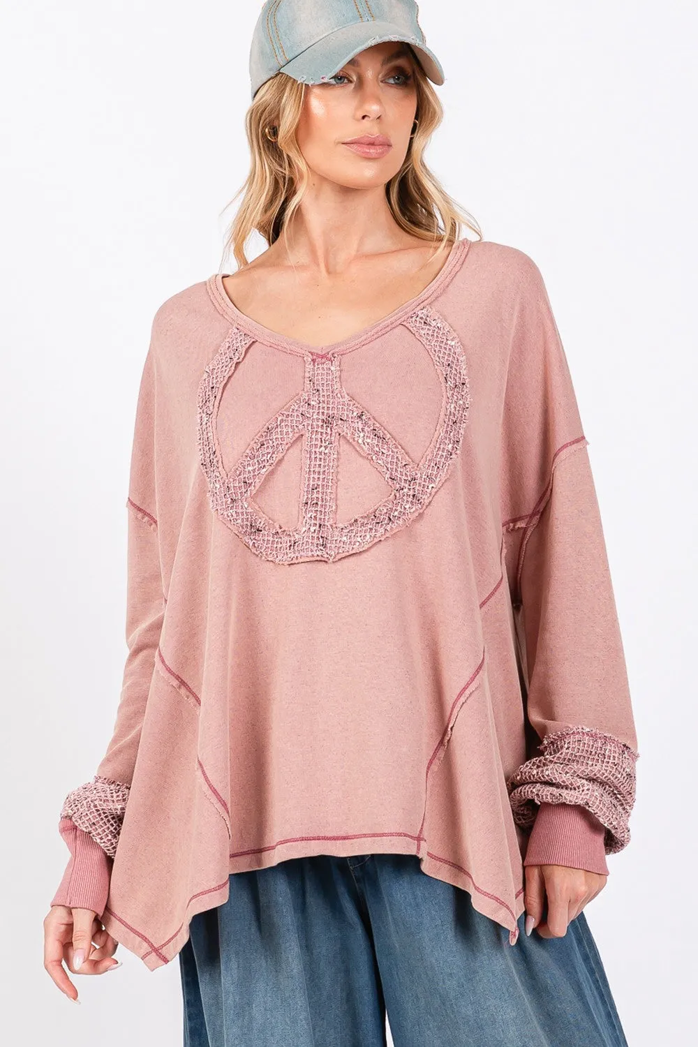 Hazel Blues® |  SAGE   FIG Peace Sign Mineral Wash Terry Top