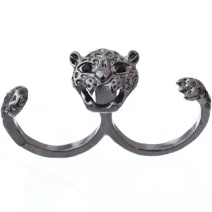 Hematite Cheetah Face Double Cuff Finger Ring
