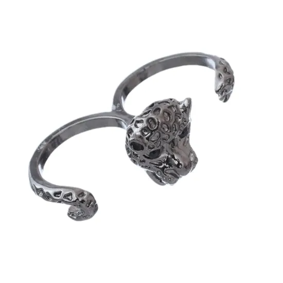 Hematite Cheetah Face Double Cuff Finger Ring