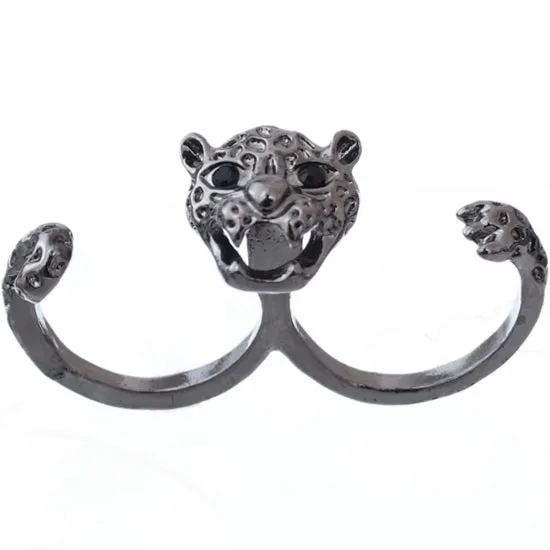 Hematite Cheetah Face Double Cuff Finger Ring
