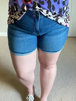 Hide Your Muffin Top High-Rise Stacked Shorts in Medium Blue