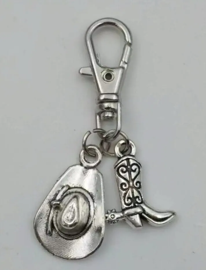 Infinity Cowgirl Boot Cowboy hat Large lobster clasp -Fashion jewelry Tibetan silver charm Keychain Gifts Fit Key Chain Z83