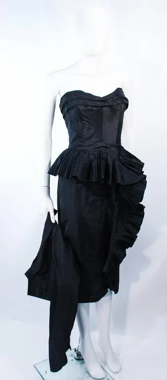 IRENE Black Silk Cascading Ruffle Cocktail Gown and Jacket Size 4