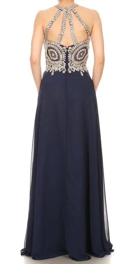 J&J Fashion C1500 Halter Appliqued Long Prom Dress