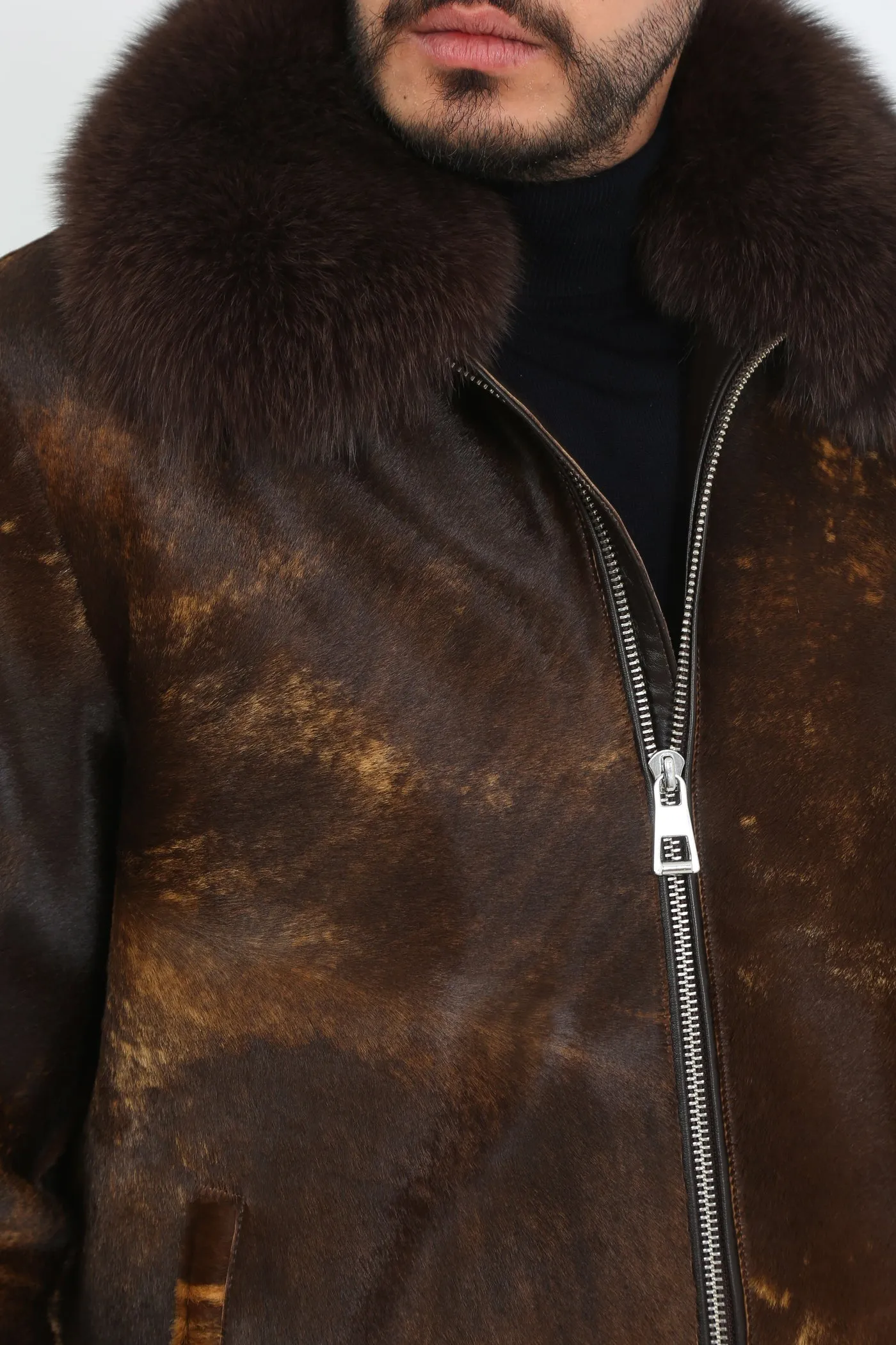 Kashani Brown Cavallino Pony Hair Bomber Jacket with Detachable Fox Fur Collar