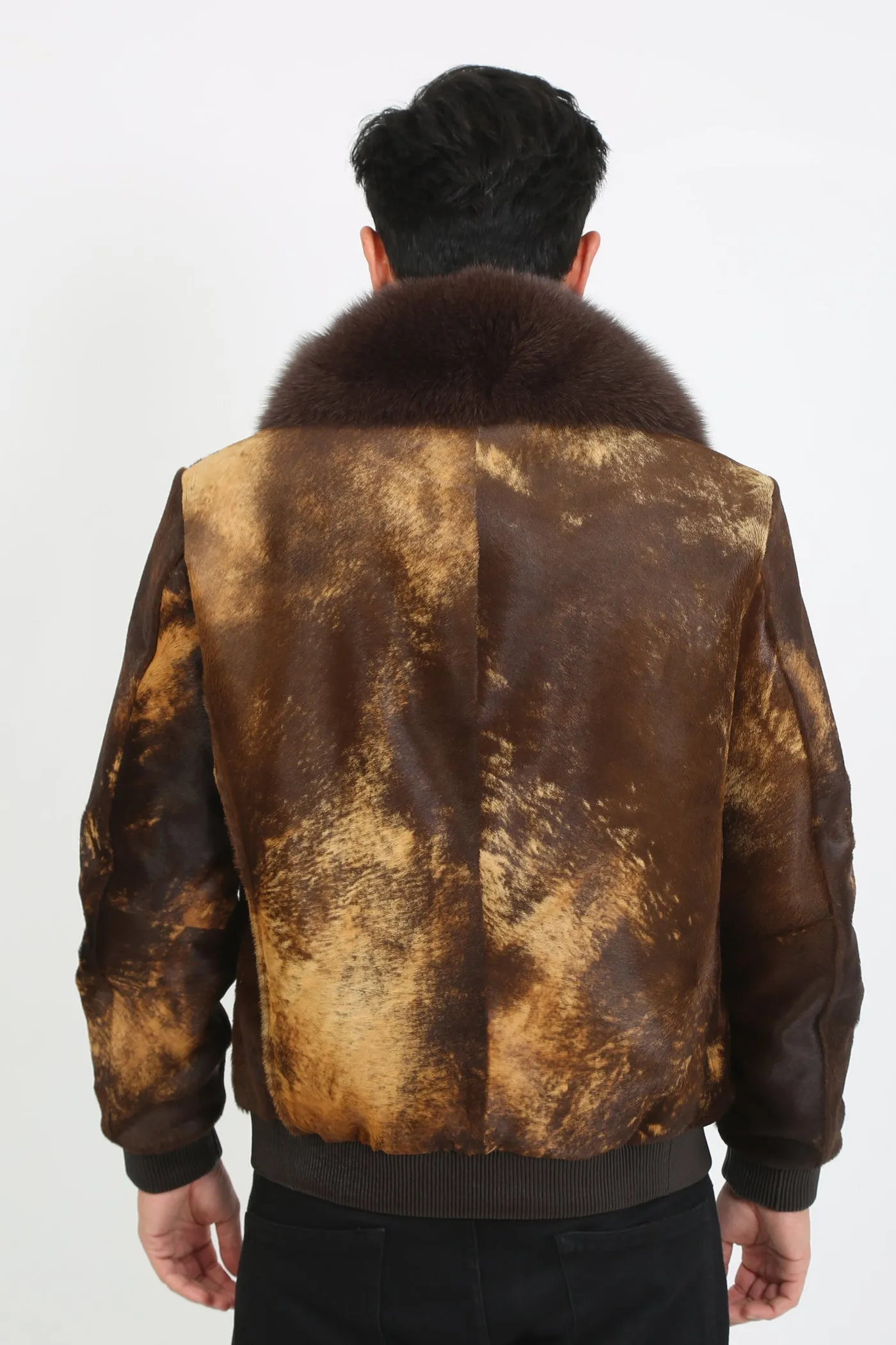 Kashani Brown Cavallino Pony Hair Bomber Jacket with Detachable Fox Fur Collar