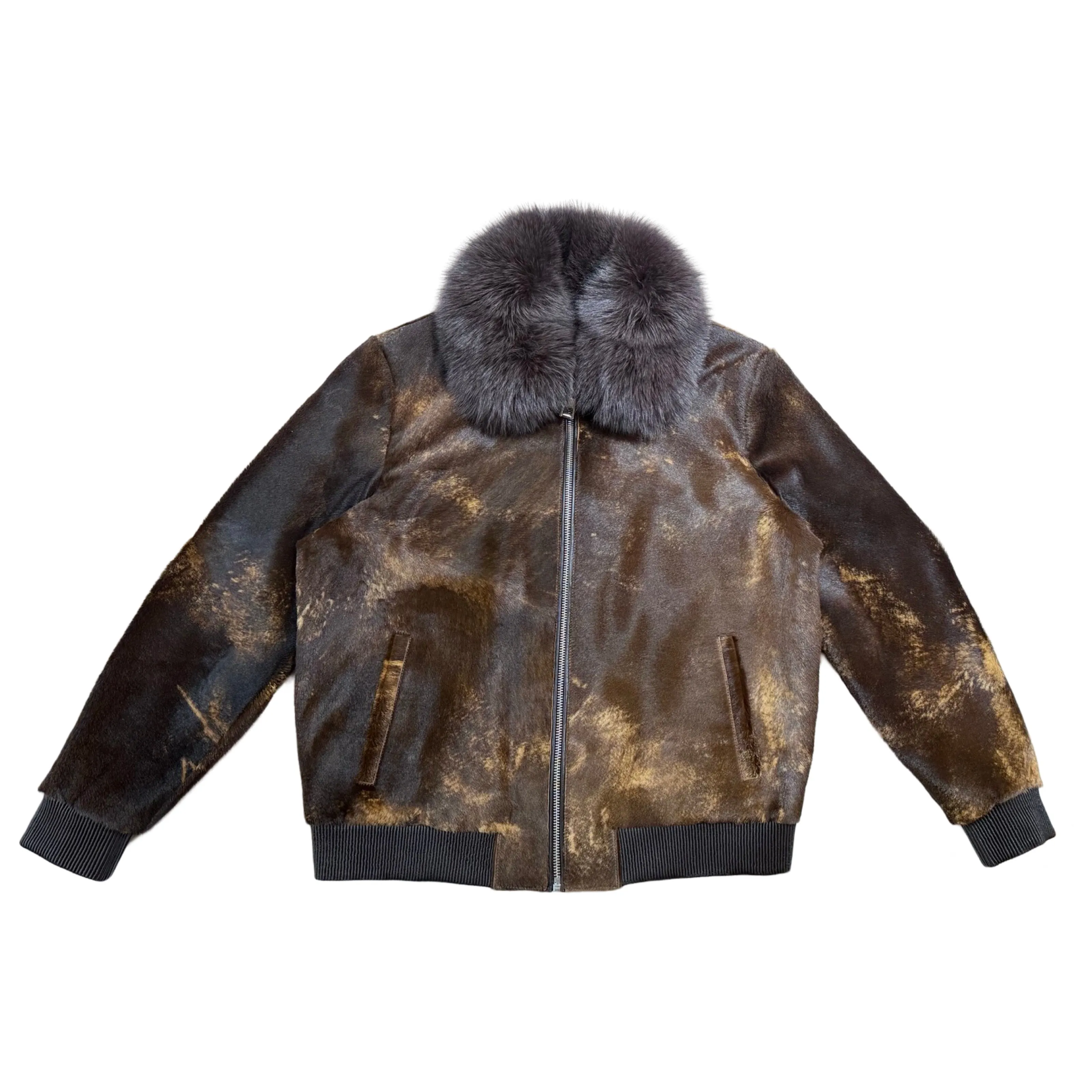 Kashani Brown Cavallino Pony Hair Bomber Jacket with Detachable Fox Fur Collar