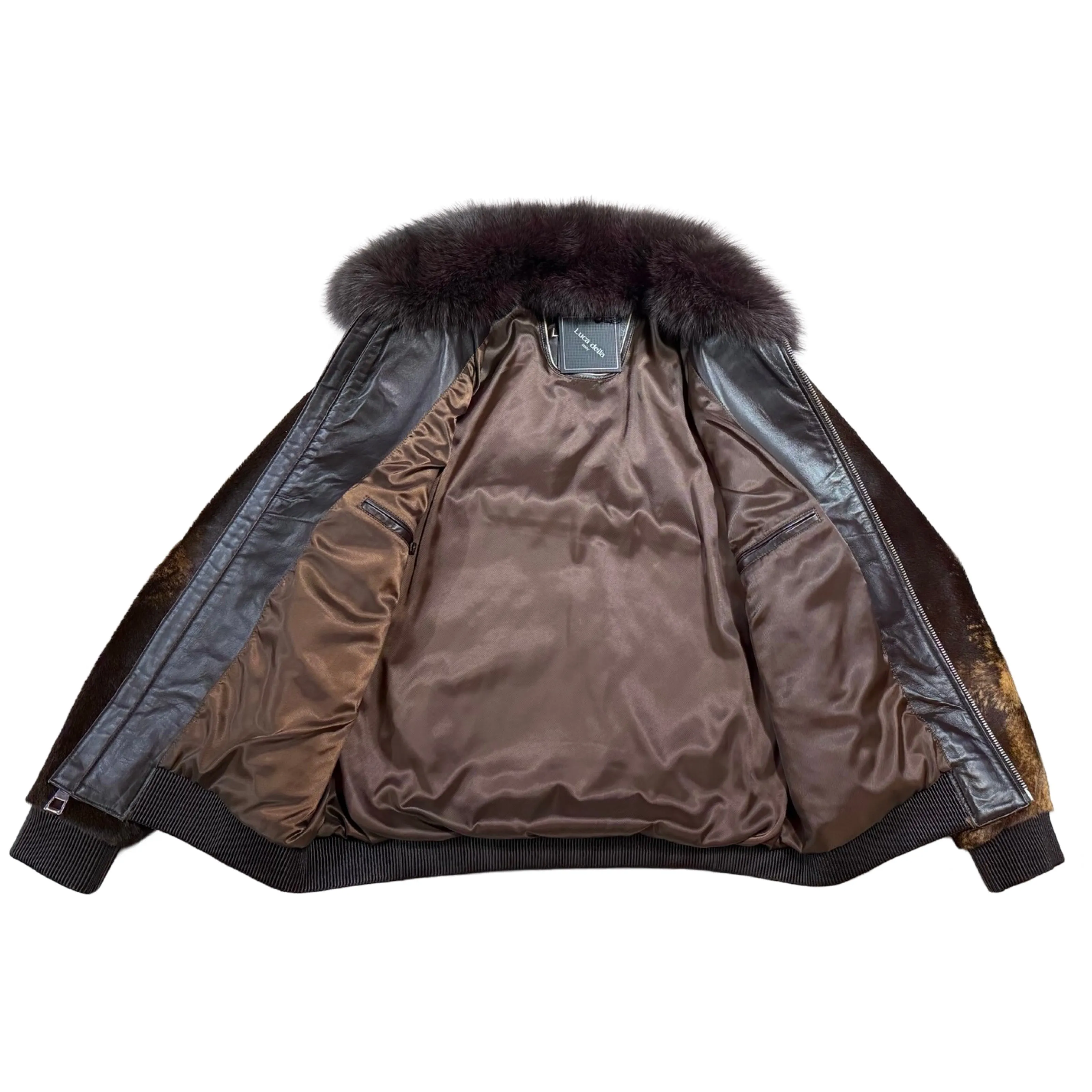 Kashani Brown Cavallino Pony Hair Bomber Jacket with Detachable Fox Fur Collar