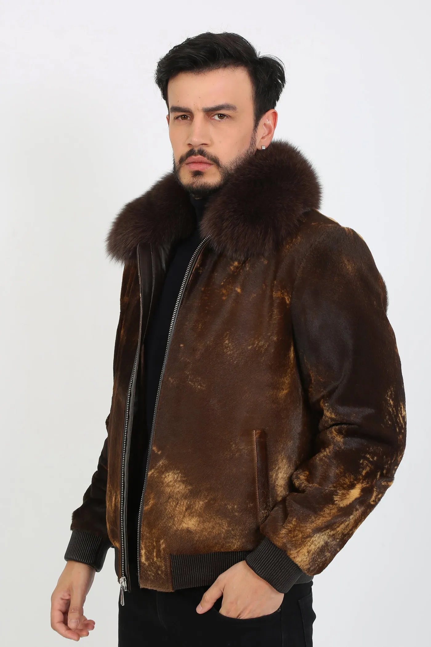 Kashani Brown Cavallino Pony Hair Bomber Jacket with Detachable Fox Fur Collar