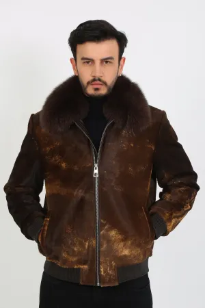Kashani Brown Cavallino Pony Hair Bomber Jacket with Detachable Fox Fur Collar