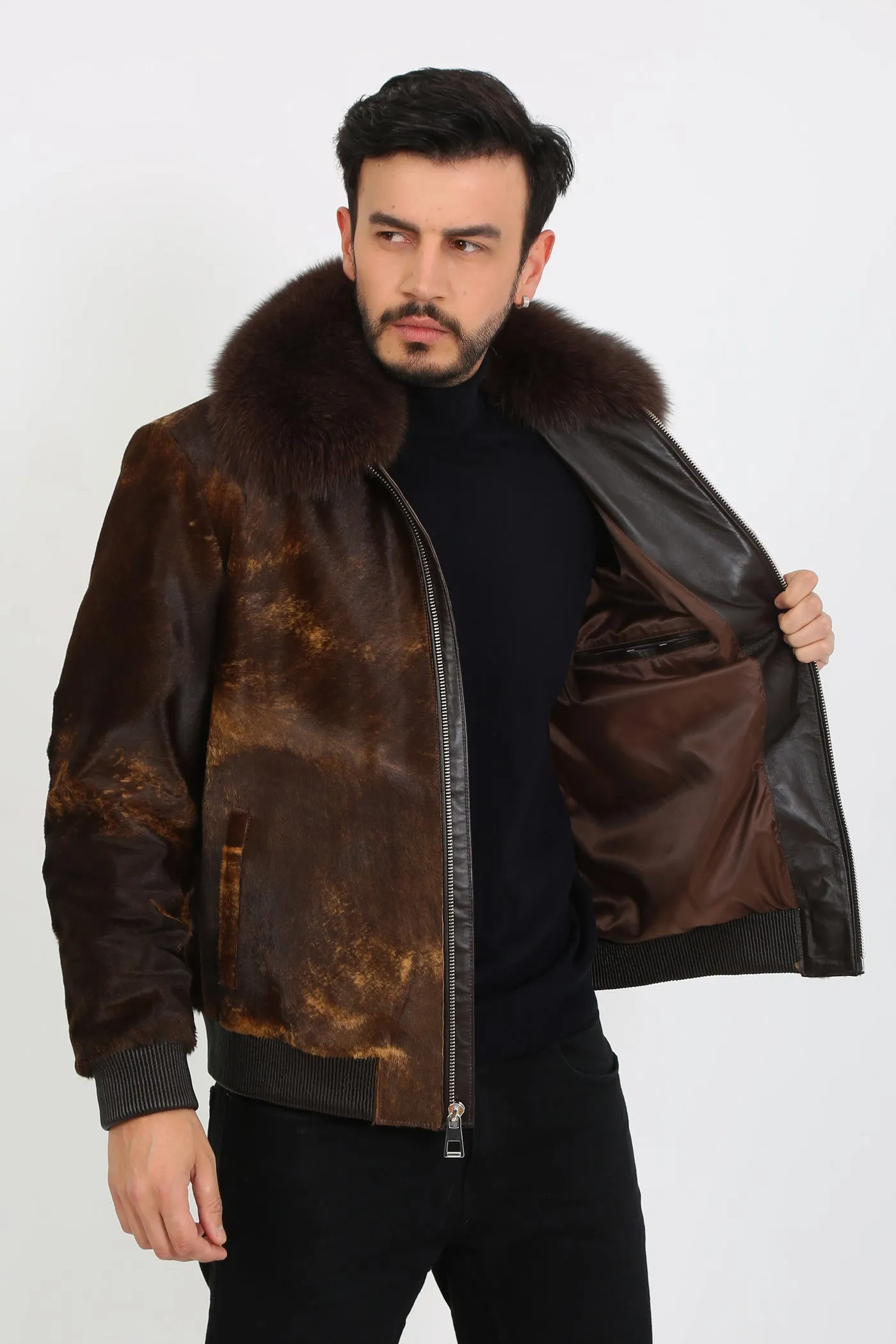Kashani Brown Cavallino Pony Hair Bomber Jacket with Detachable Fox Fur Collar